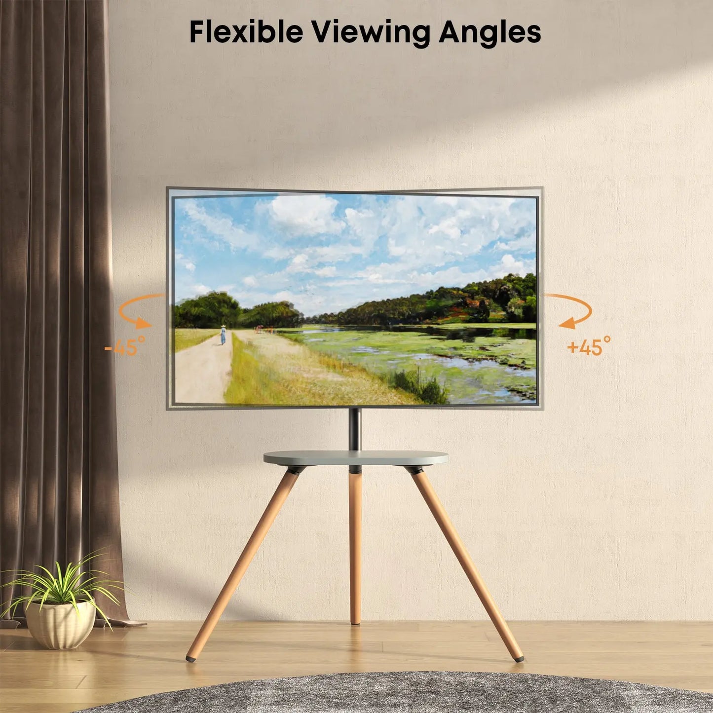 PUTORSEN Easel TV-Stand for 43-65-Inch Screens - Portable Swivel Tripod TV Stand with Wooden Tray, Height Adjustable TV Floor Stand, Max VESA 400x400 mm, Black PUTORSEN