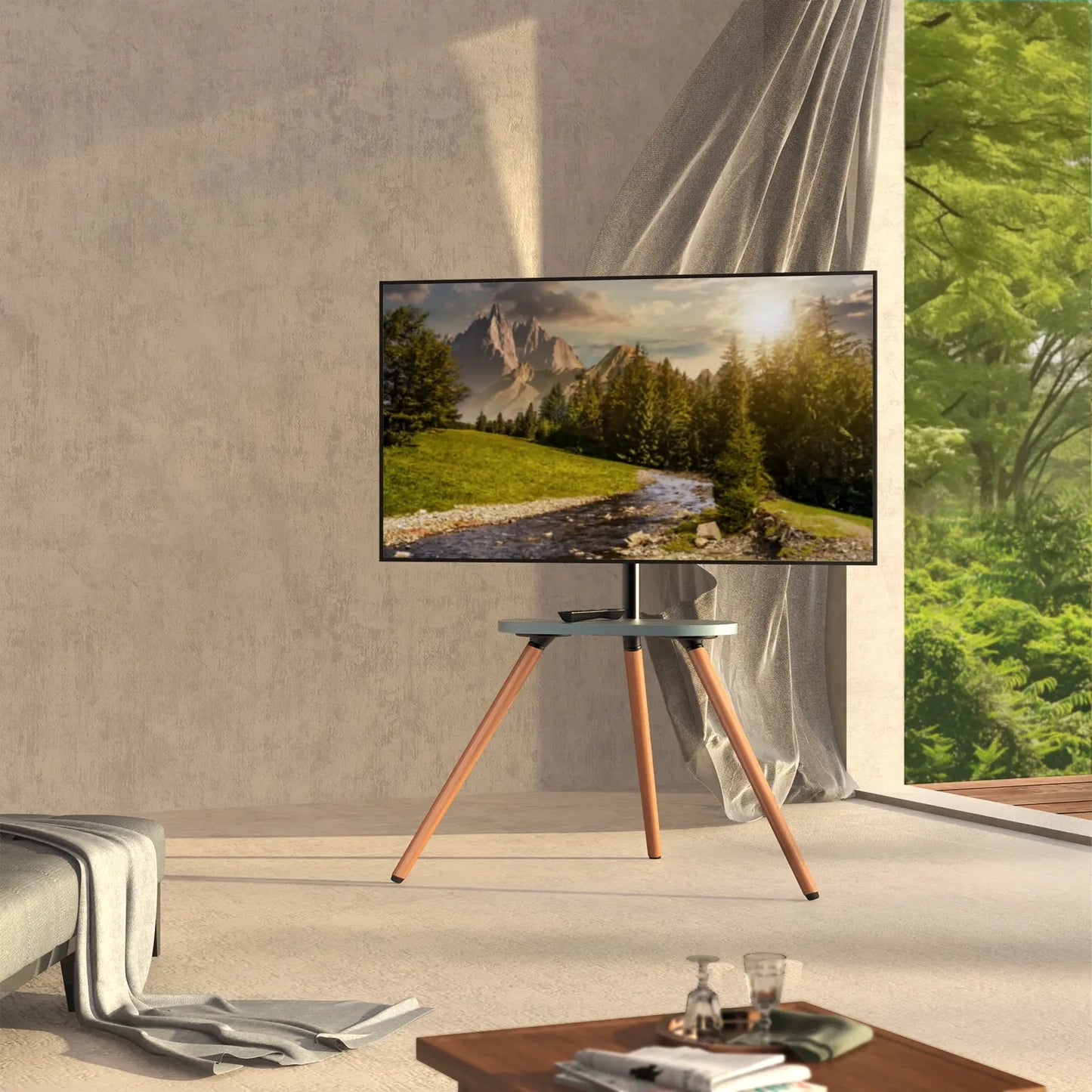 PUTORSEN Easel TV-Stand for 43-65-Inch Screens - Portable Swivel Tripod TV Stand with Wooden Tray, Height Adjustable TV Floor Stand, Max VESA 400x400 mm, Black PUTORSEN