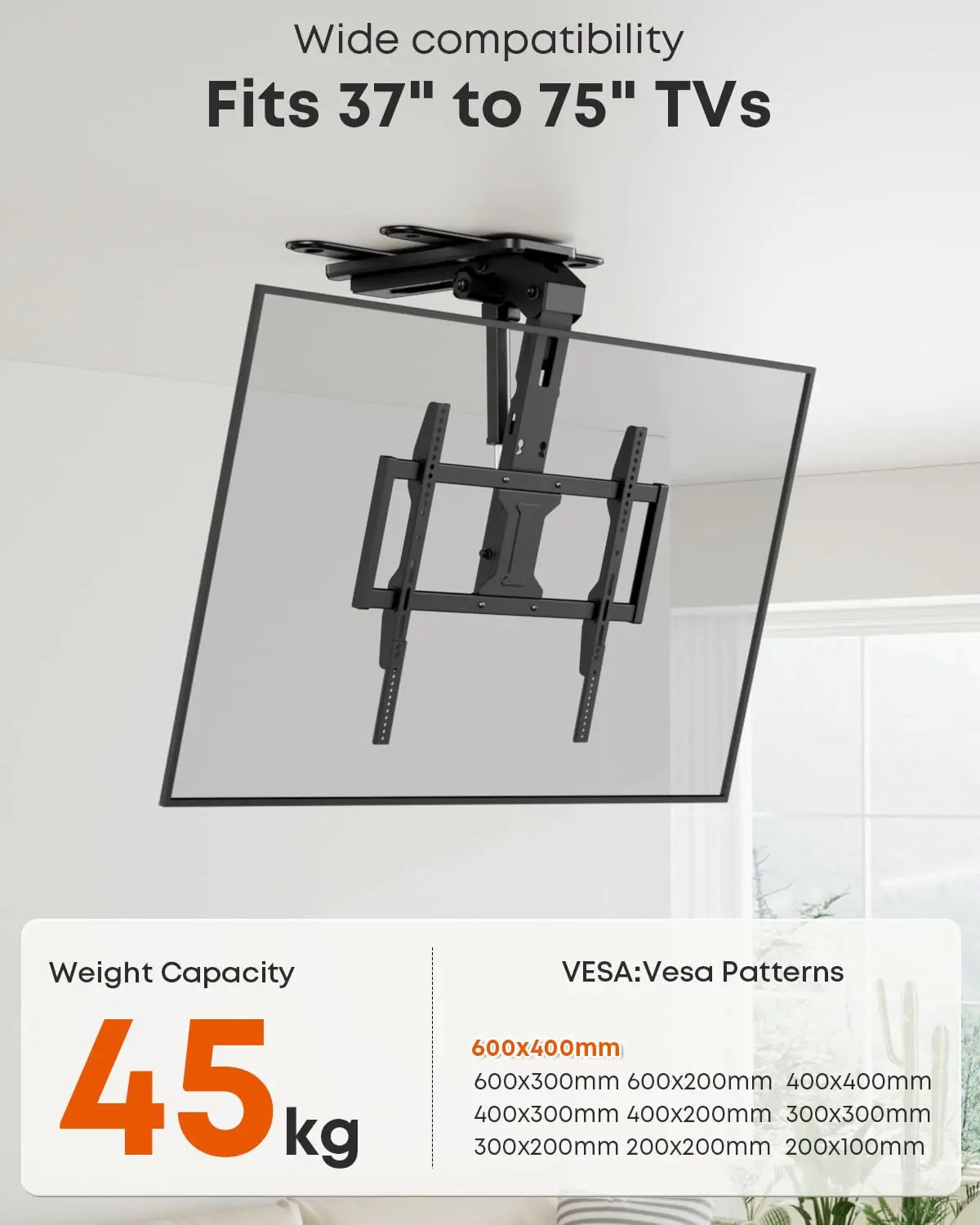 PUTORSEN Electric TV Ceiling Mount for 37-75 Inch TV Mount Ceiling Electric Foldable, Load up to 45 kg, with VESA Adapter Extension Plates, Black PUTORSEN