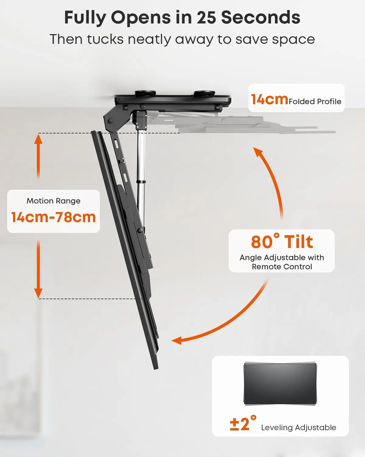 PUTORSEN Electric TV Ceiling Mount for 43-86 Inch TV Mount Ceiling Electric Foldable, Tiltable, with Remote Control, Load up to 45 kg, Black PUTORSEN