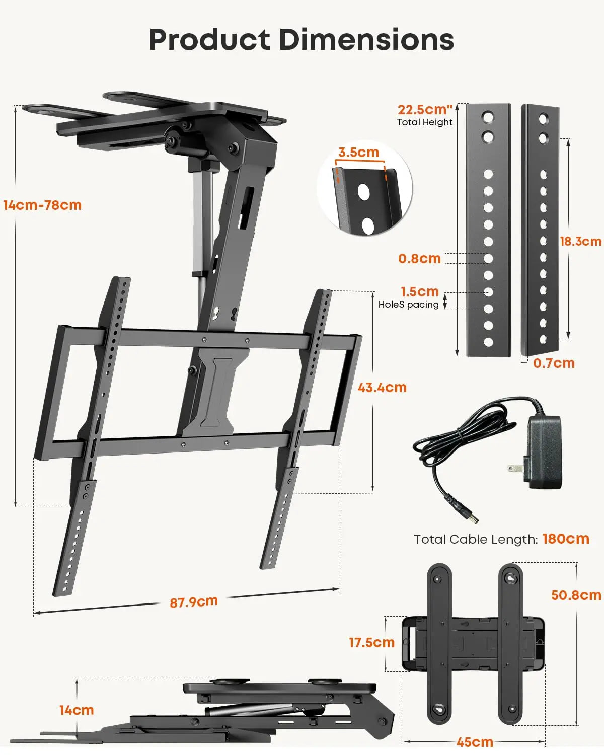 PUTORSEN Electric TV Ceiling Mount for 43-86 Inch TV Mount Ceiling Electric Foldable, Tiltable, with Remote Control, Load up to 45 kg, Black PUTORSEN