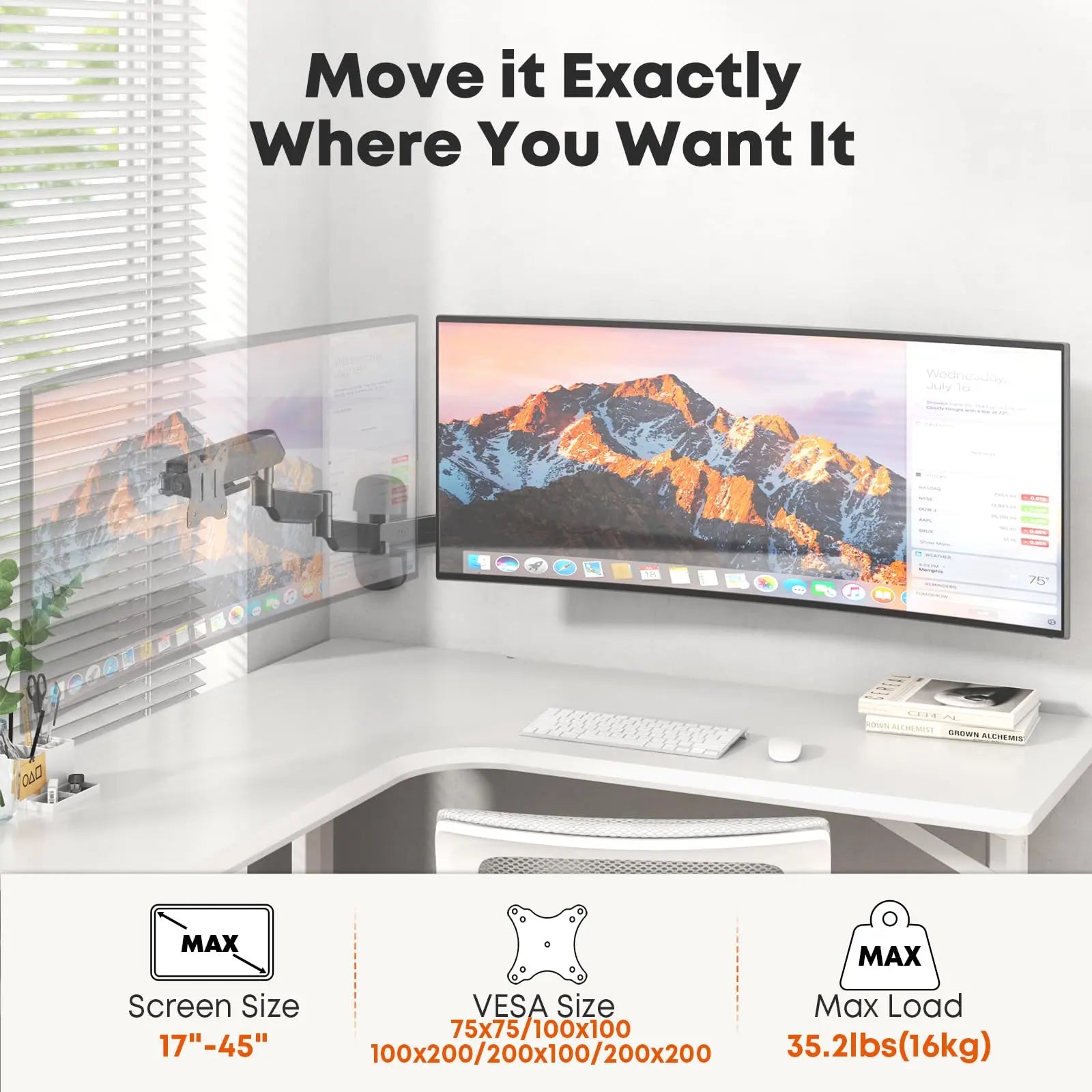PUTORSEN Extra Long Monitor Wall Mount for up to 45'' Screens, Holds 35.2lbs, VESA 75/100/200 mm, Black PUTORSEN