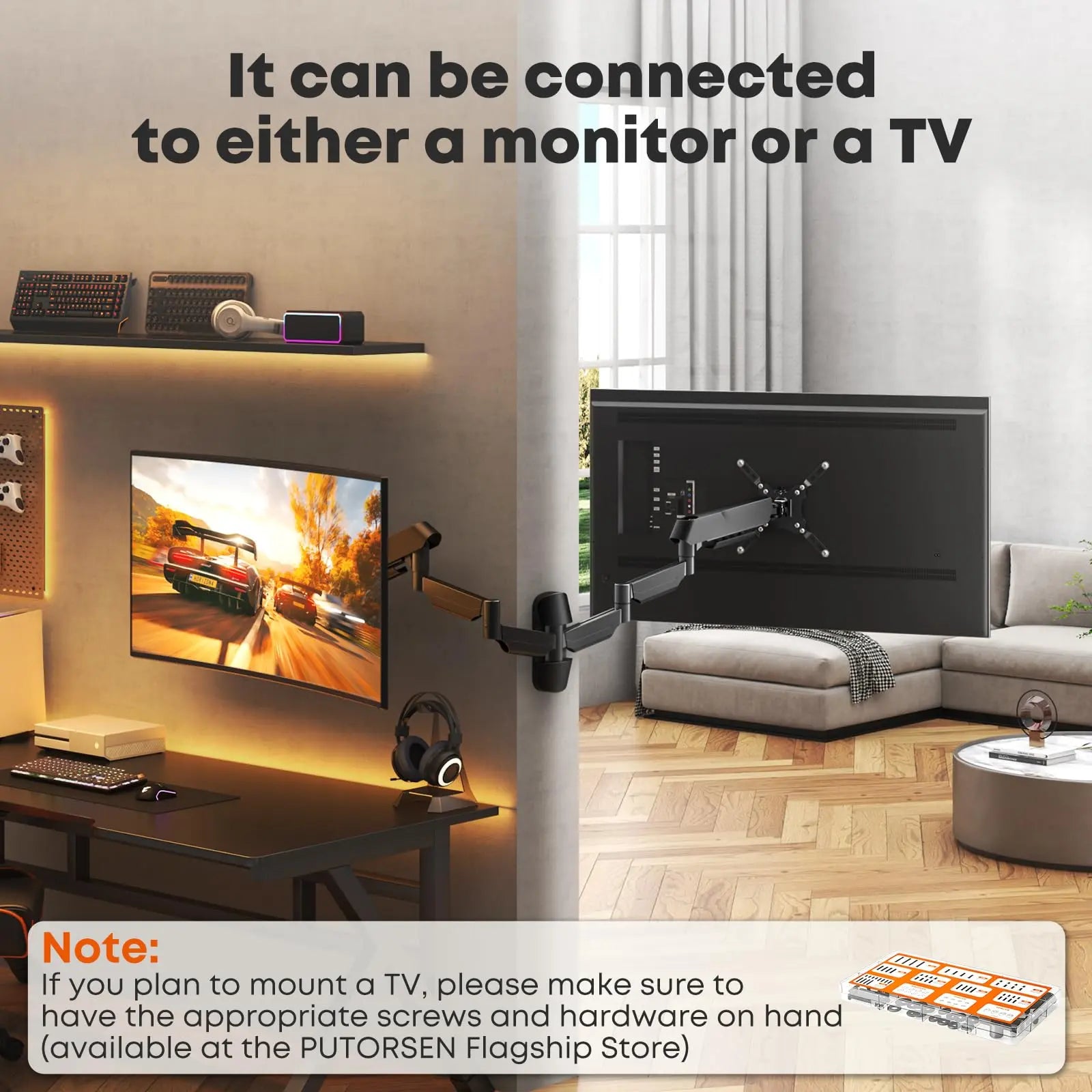 PUTORSEN Extra Long Monitor Wall Mount for up to 45'' Screens, Holds 35.2lbs, VESA 75/100/200 mm, Black PUTORSEN