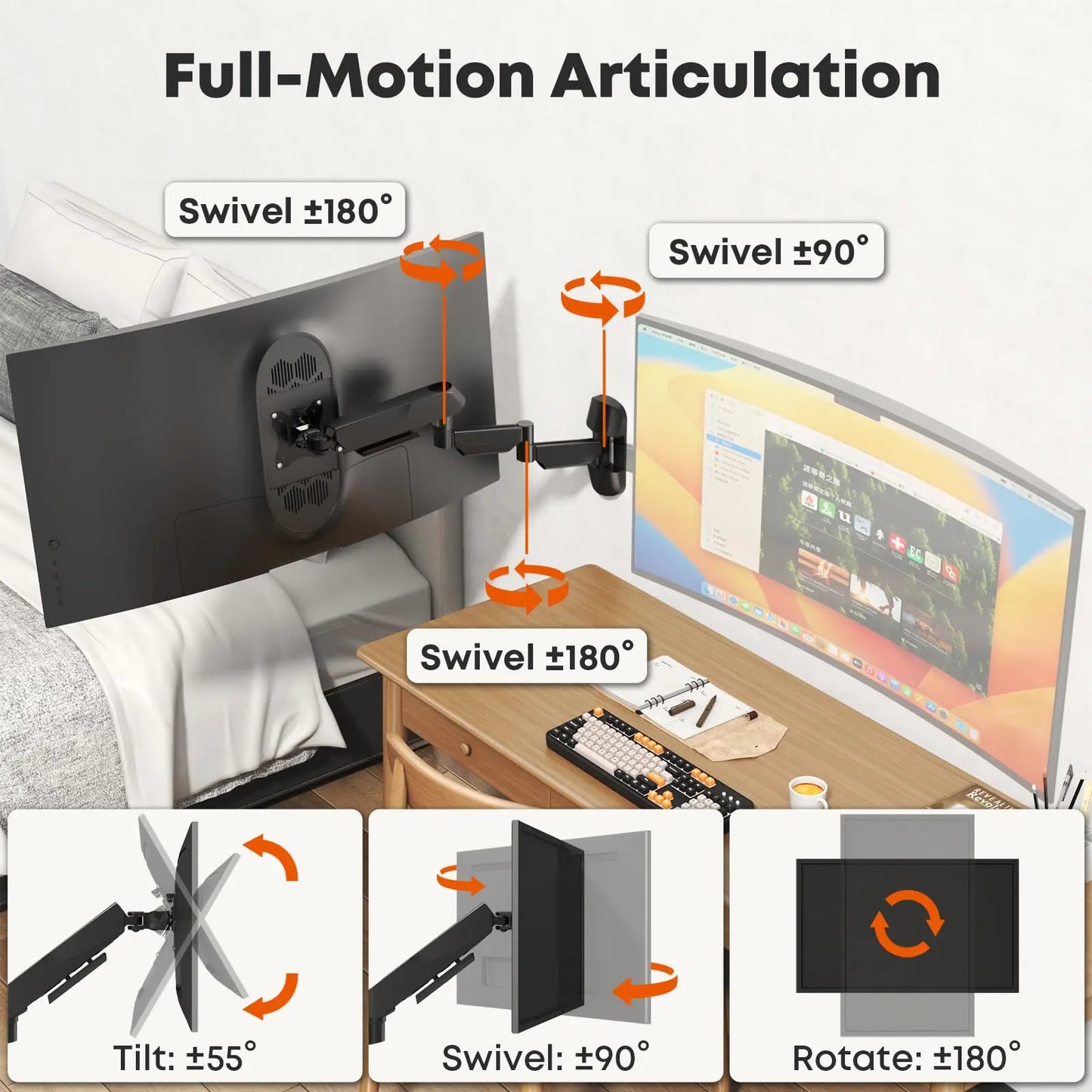 PUTORSEN Extra Long Monitor Wall Mount for up to 45'' Screens, Holds 35.2lbs, VESA 75/100/200 mm, Black PUTORSEN