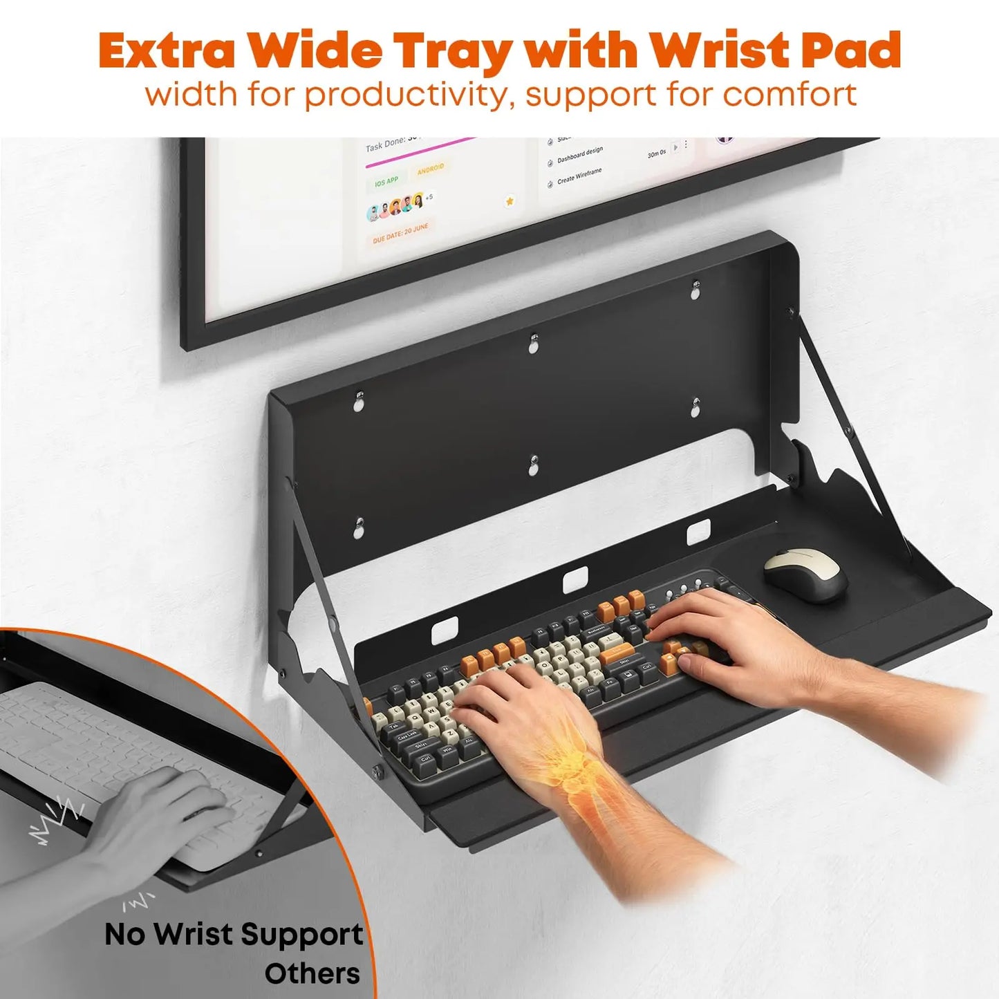 PUTORSEN Flip Down Keyboard Tray Wall-Mount - 24 Inch Computer Keyboard and Mouse Platform Tray, Space Saving Design, Mouse Pad and Wrist Pad Included, Holds Up to 22 lbs PUTORSEN