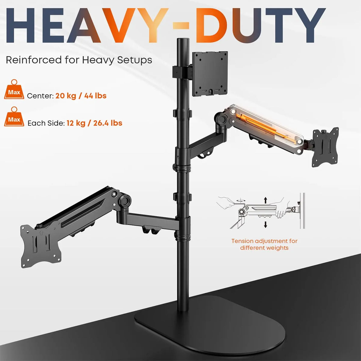 PUTORSEN Freestanding Triple Monitor Stand, Holds 44 lbs, Fits up to 49", Heavy-Duty Fully Adjustable Gas Spring Arm, VESA 75/100mm, Larger Base & Built-in Cable Management, Black PUTORSEN
