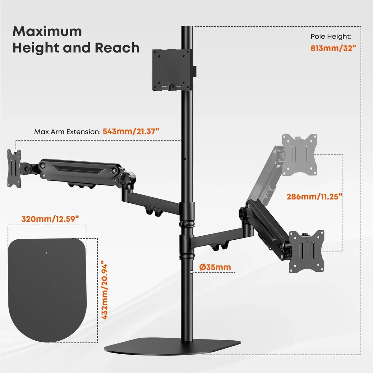 PUTORSEN Freestanding Triple Monitor Stand, Holds 44 lbs, Fits up to 49", Heavy-Duty Fully Adjustable Gas Spring Arm, VESA 75/100mm, Larger Base & Built-in Cable Management, Black PUTORSEN