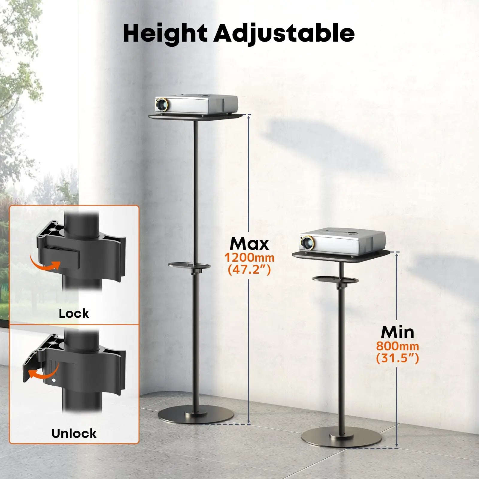 PUTORSEN Heavy-Duty Projector Stand – Height Adjustable Floor Projector Stand，Extends 27.6" to 47.2",13.2lbs Capacity, Compatible with Projectors, Cameras PUTORSEN