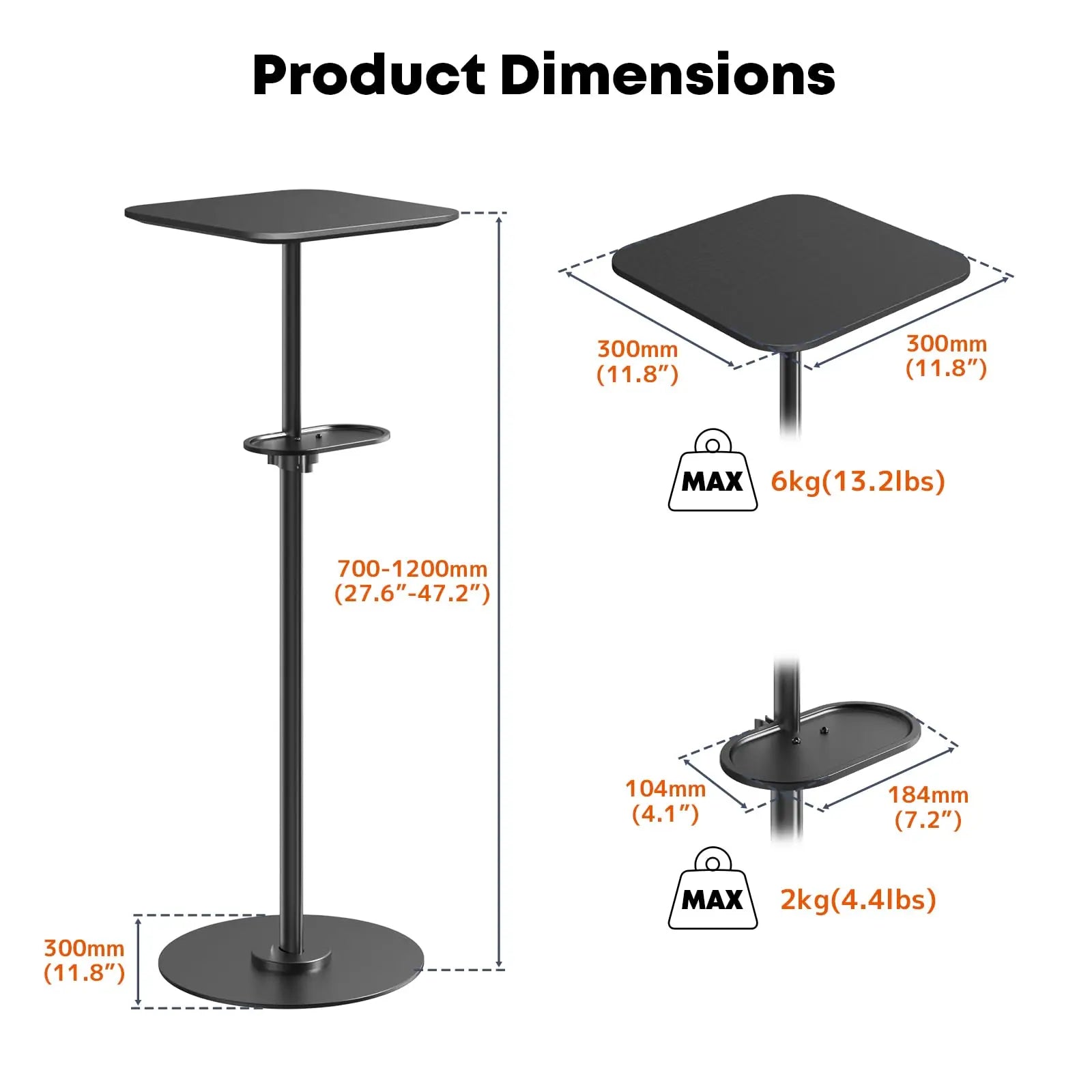 PUTORSEN Heavy-Duty Projector Stand – Height Adjustable Floor Projector Stand，Extends 27.6" to 47.2",13.2lbs Capacity, Compatible with Projectors, Cameras PUTORSEN