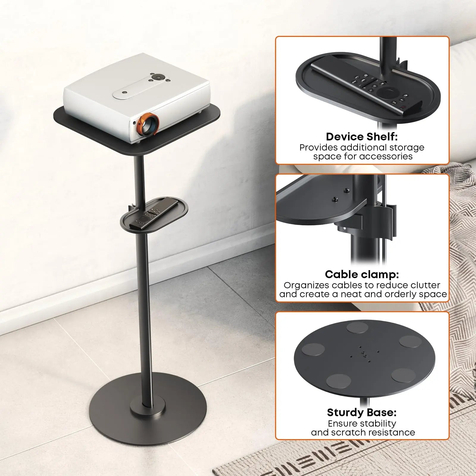 PUTORSEN Heavy-Duty Projector Stand – Height Adjustable Floor Projector Stand，Extends 27.6" to 47.2",13.2lbs Capacity, Compatible with Projectors, Cameras PUTORSEN