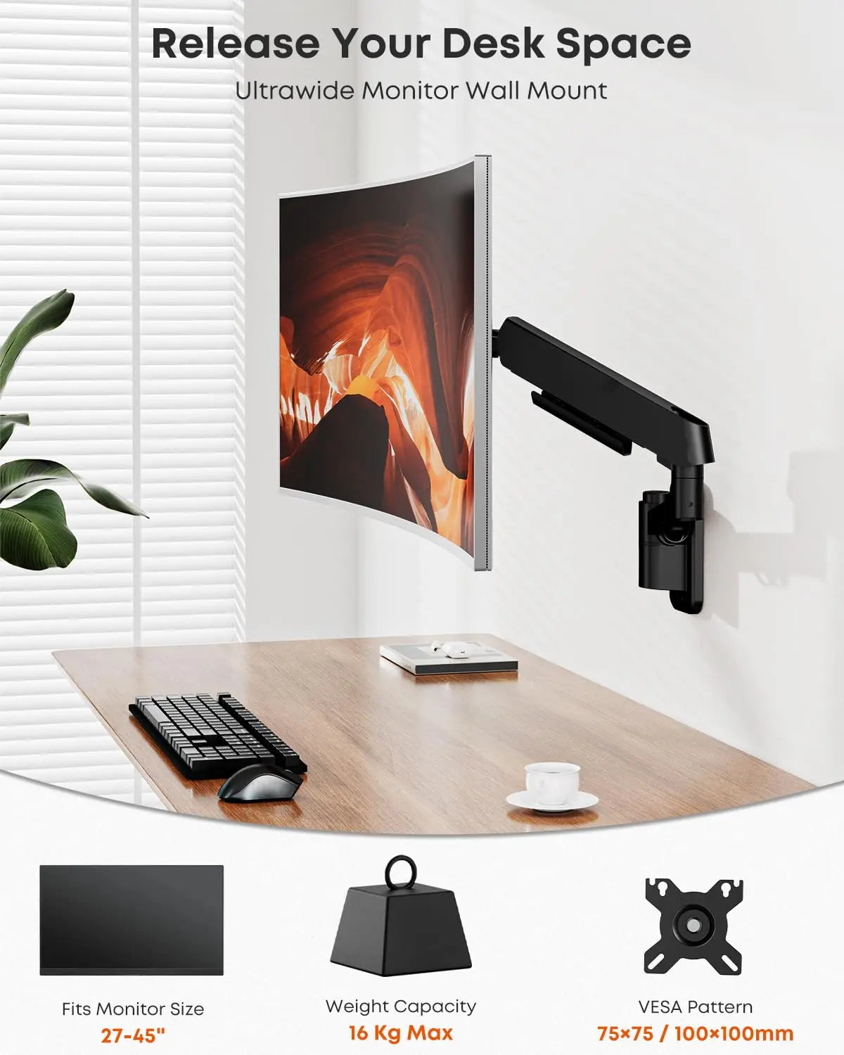 PUTORSEN Heavy Duty Single Monitor Arm Wall Mount fits 27-45 inch Flat/Curved/Ultrawide Monitors, Full Motion Gas Spring Arm Holds 35.2 lbs, Black PUTORSEN