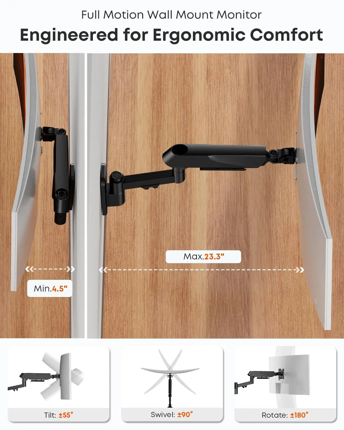 PUTORSEN Heavy Duty Single Monitor Arm Wall Mount fits 27-45 inch Flat/Curved/Ultrawide Monitors, Full Motion Gas Spring Arm Holds 35.2 lbs, Black PUTORSEN