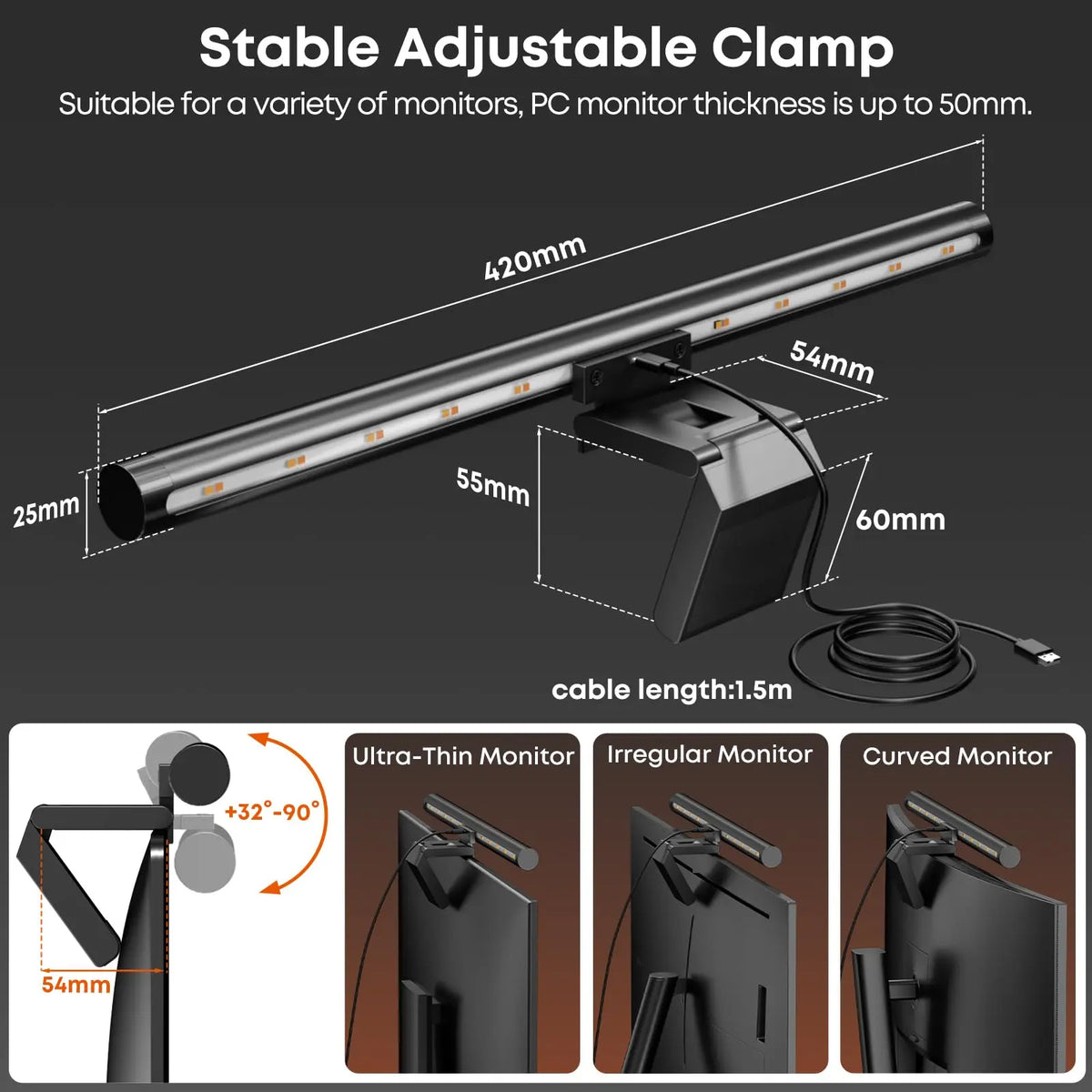 PUTORSEN Lampe LED pour Écran PC, Barre Lumineuse Double Face 42 cm, Contrôle Tactile, Luminosité et Température de Couleur Réglables, pour Écrans Plats et Courbes [Classe d'efficacité énergétique F] PUTORSEN