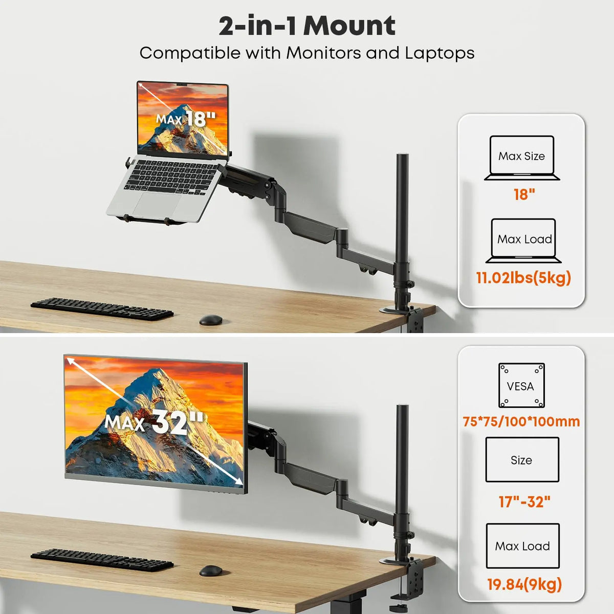 PUTORSEN Laptop Desk Mount, Fits Up to 18" Laptop and 17"-32" Monitor, Max Load 19.84 lbs, Extra Long Monitor Arm with Laptop Tray, Detachable Middle Section Arm, Angle Adjustable, VESA 75/100mm PUTORSEN