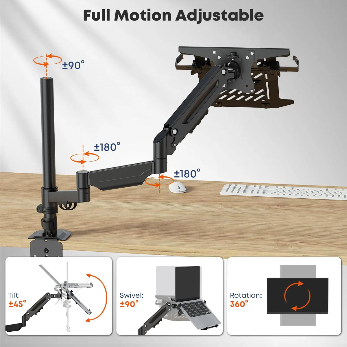 PUTORSEN Laptop Desk Mount, Fits Up to 18" Laptop and 17"-32" Monitor, Max Load 19.84 lbs, Extra Long Monitor Arm with Laptop Tray, Detachable Middle Section Arm, Angle Adjustable, VESA 75/100mm PUTORSEN
