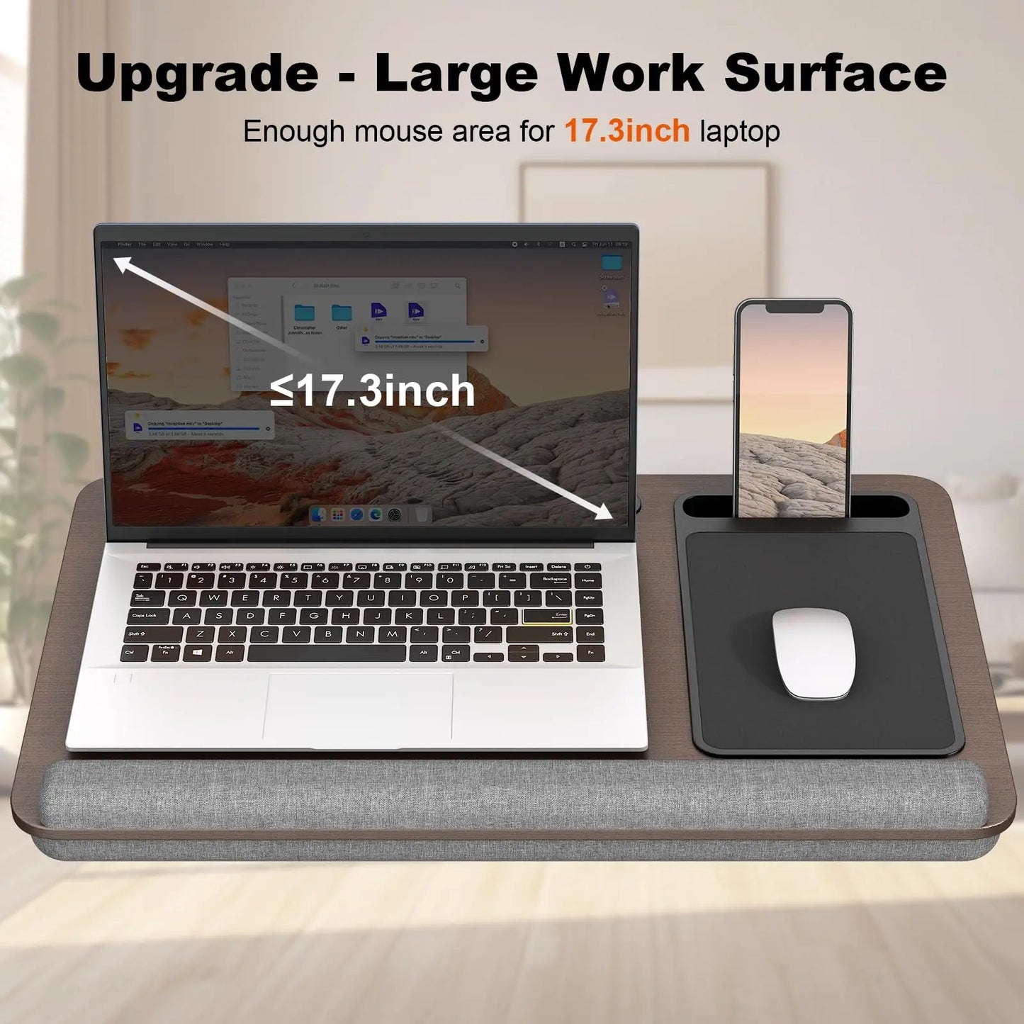 PUTORSEN Laptop Laptop Desk with Pillow Cushion, Fits Laptops up to 17.3 Inches, with Anti-Slip Strip and Storage Function for Home Gray PUTORSEN