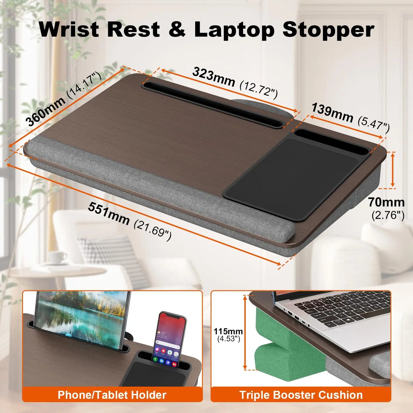 PUTORSEN Laptop Laptop Desk with Pillow Cushion, Fits Laptops up to 17.3 Inches, with Anti-Slip Strip and Storage Function for Home Gray PUTORSEN