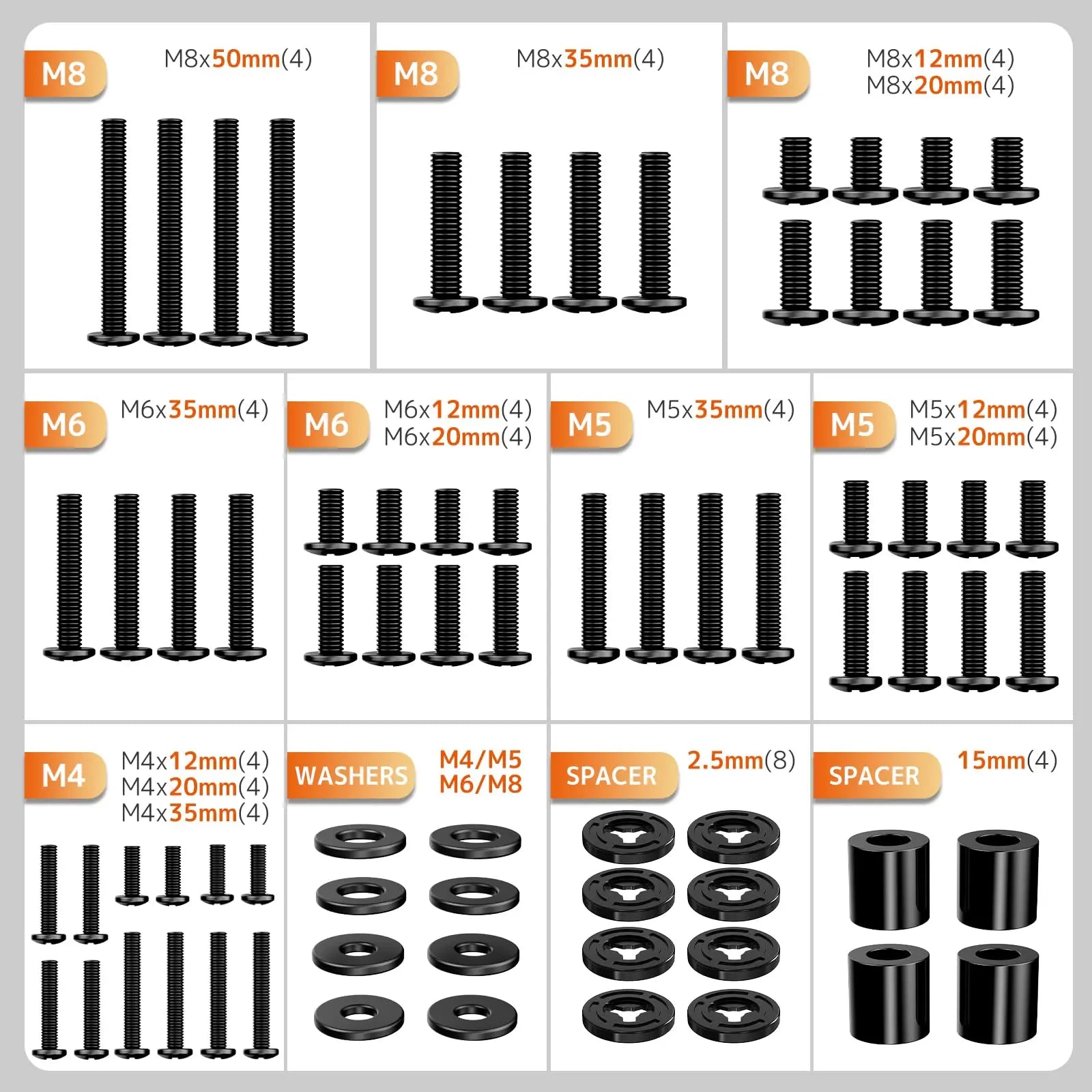 PUTORSEN M4 M5 M6 M8 TV Mount Screws Kit, Universal TV Mounting Hardware with Washers & Spacers, VESA Screws for TV/Monitor up to 80", Black PUTORSEN