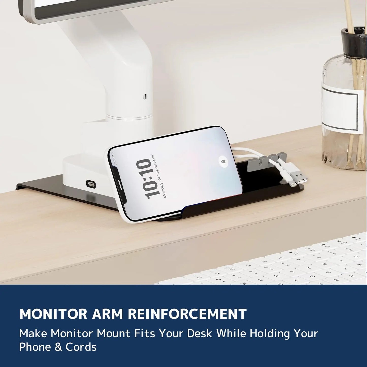 PUTORSEN Monitor Arm Reinforcement Plate - with Phone Holder and Hook, for Thin, Glass and Other Fragile Tabletop, Compatible with Most Monitor Stand C-Clamp Installations PUTORSEN