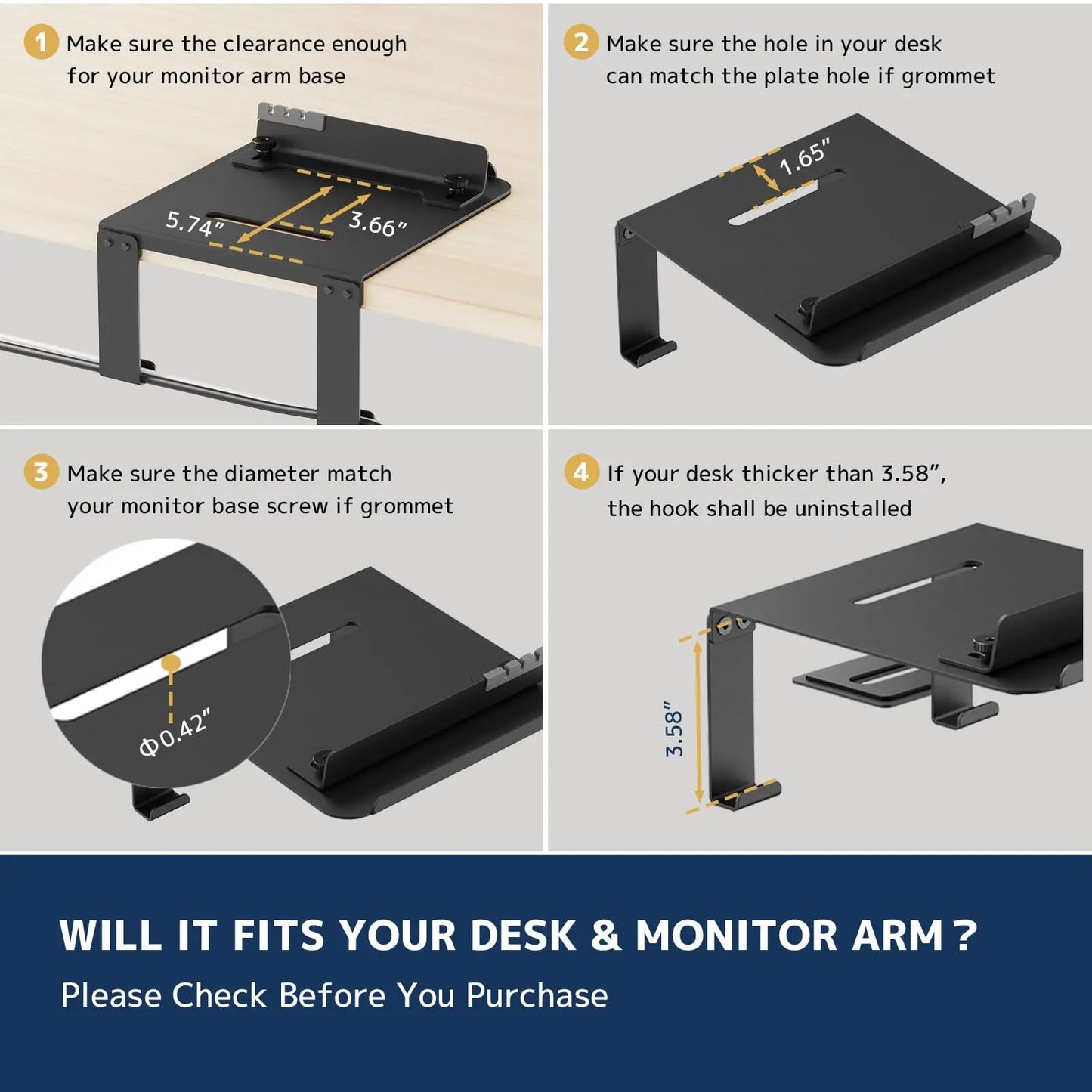 PUTORSEN Monitor Arm Reinforcement Plate - with Phone Holder and Hook, for Thin, Glass and Other Fragile Tabletop, Compatible with Most Monitor Stand C-Clamp Installations PUTORSEN