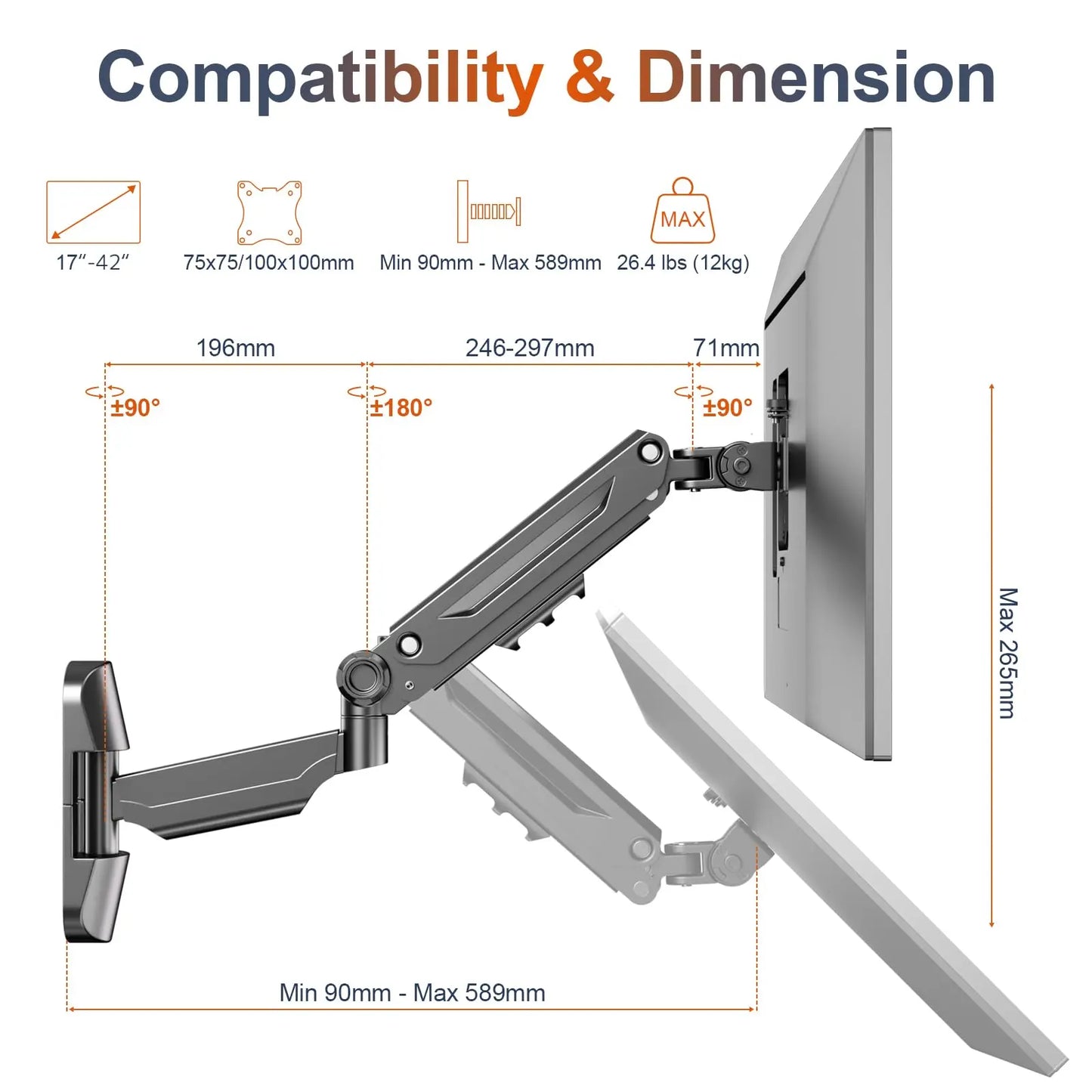PUTORSEN Monitor Arm Wall Mount Bracket for 17-42 inch Screens, Height Adjustable Gas Spring Single Wall Monitor Mount, Tilt Swivel Rotate, Load 12KG PUTORSEN