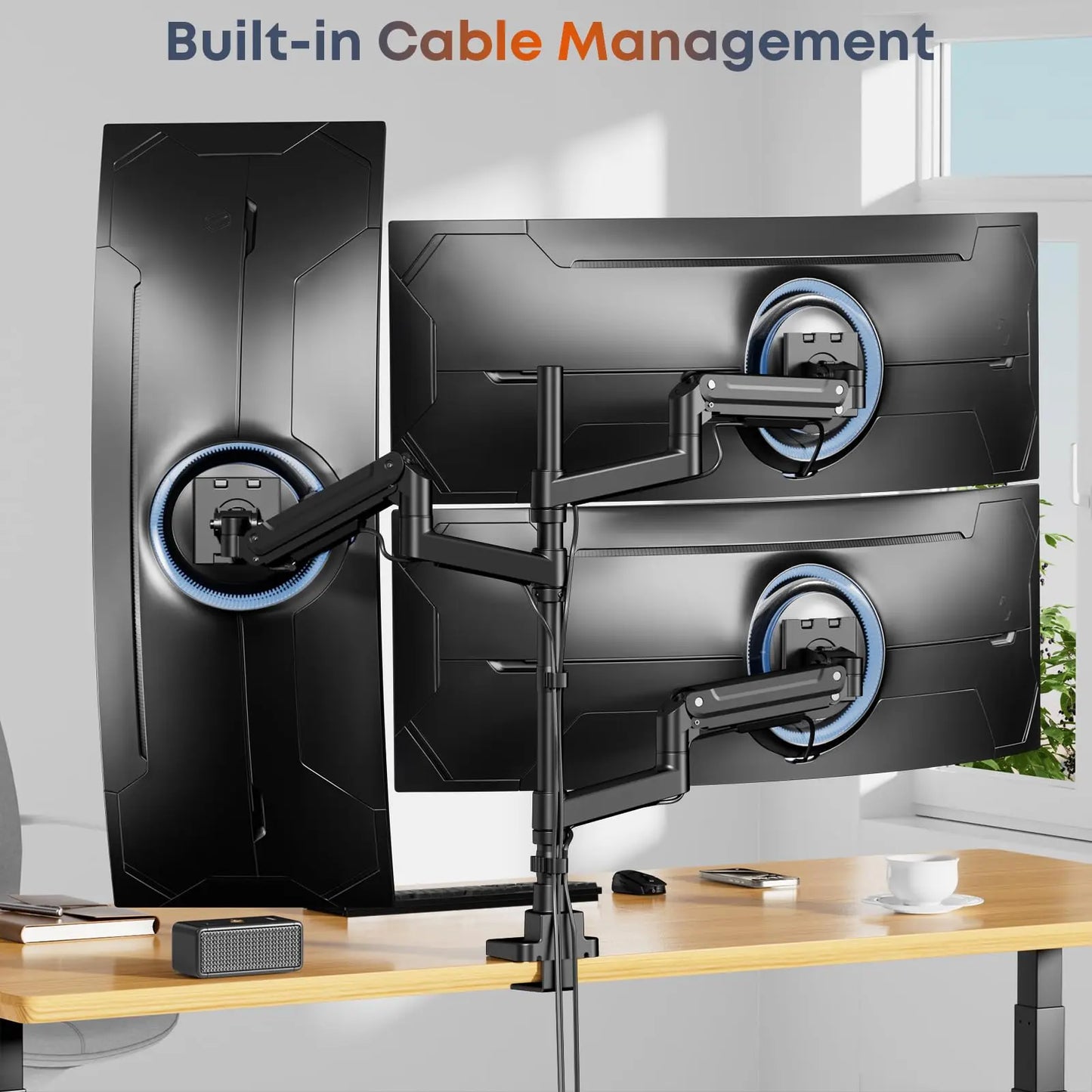 PUTORSEN Monitor Halterung 3 Monitore für 17-49 Zoll Bildschirm, Monitorhalterung 3 Monitore Höhenverstellbar mit 20 kg Pro Arm, 80cm Stange Bildschirmhalterung Flat/Curved Screen PUTORSEN