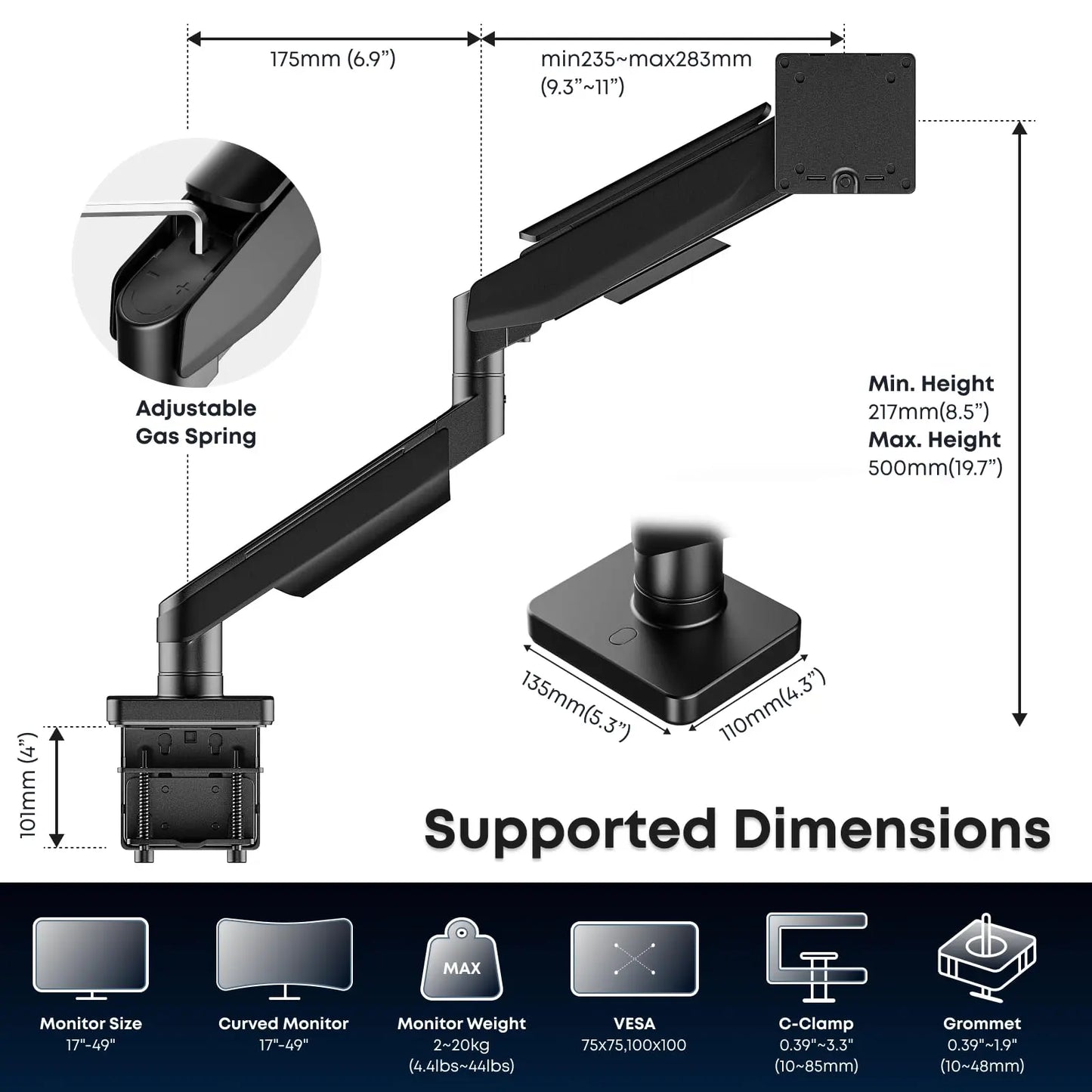 PUTORSEN Monitor Tischhalterung für 17-49 Zoll LED LEC Bildschirm, Gasfeder Monitorhalterung Höhenverstellbar Schwenkbar Neigbar Einarmig Monitor bis zu 2-20 kg, VESA 75/100 mm PUTORSEN