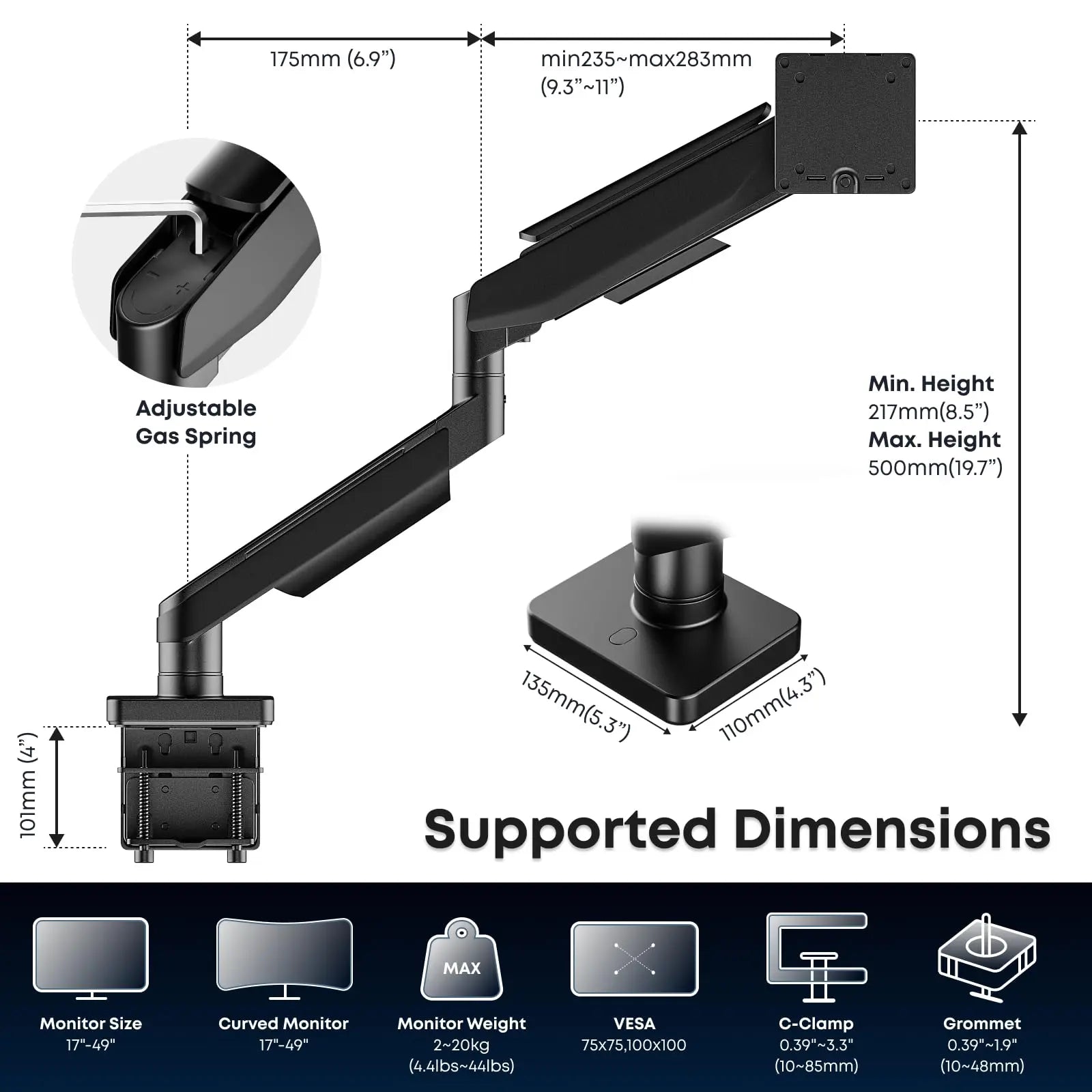 PUTORSEN Monitor Tischhalterung für 17-49 Zoll LED LEC Bildschirm, Gasfeder Monitorhalterung Höhenverstellbar Schwenkbar Neigbar Einarmig Monitor bis zu 2-20 kg, VESA 75/100 mm PUTORSEN