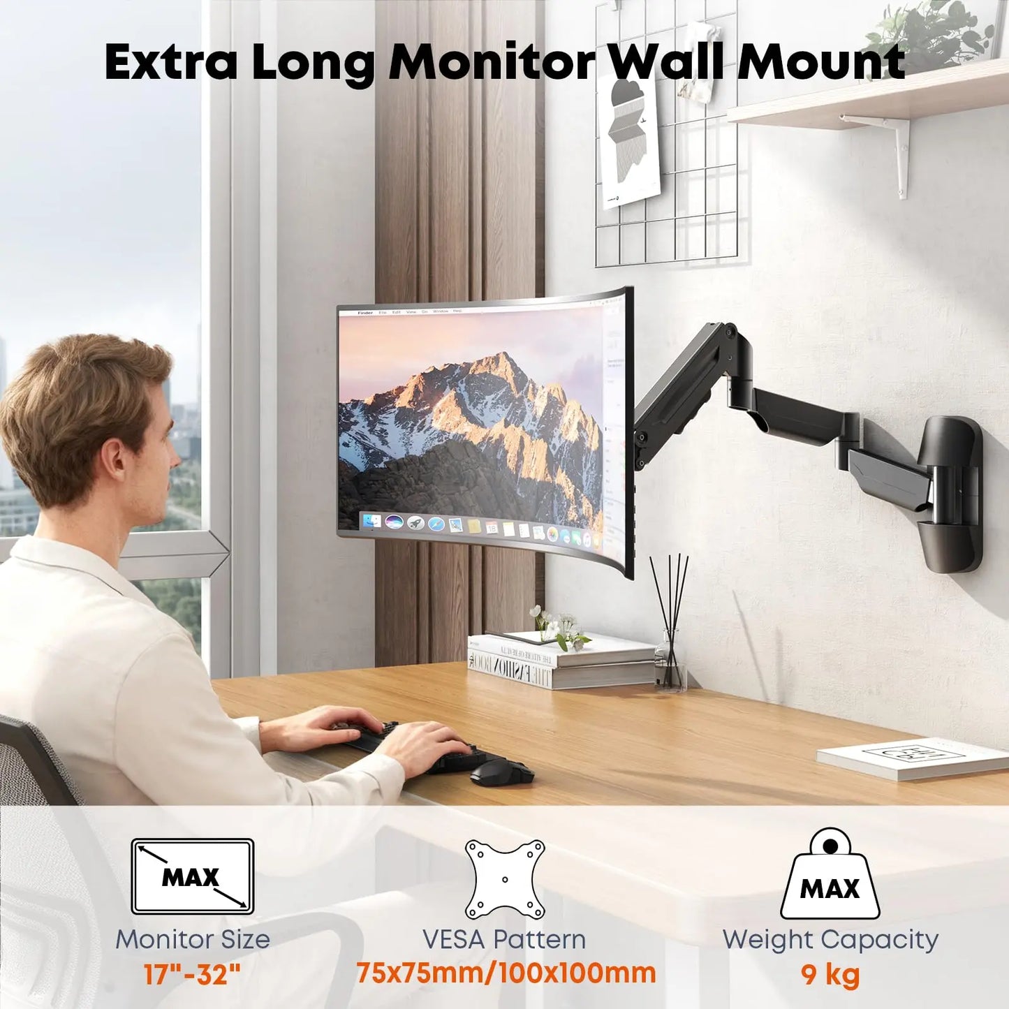 PUTORSEN Monitor Wall Mount for 17-32 inch - Extra Long Single Wall Mounted Monitor Arm, Fully Adjustable Vesa Wall Bracket, VESA 75x75/100x100, Hold up to 19.84 lbs PUTORSEN