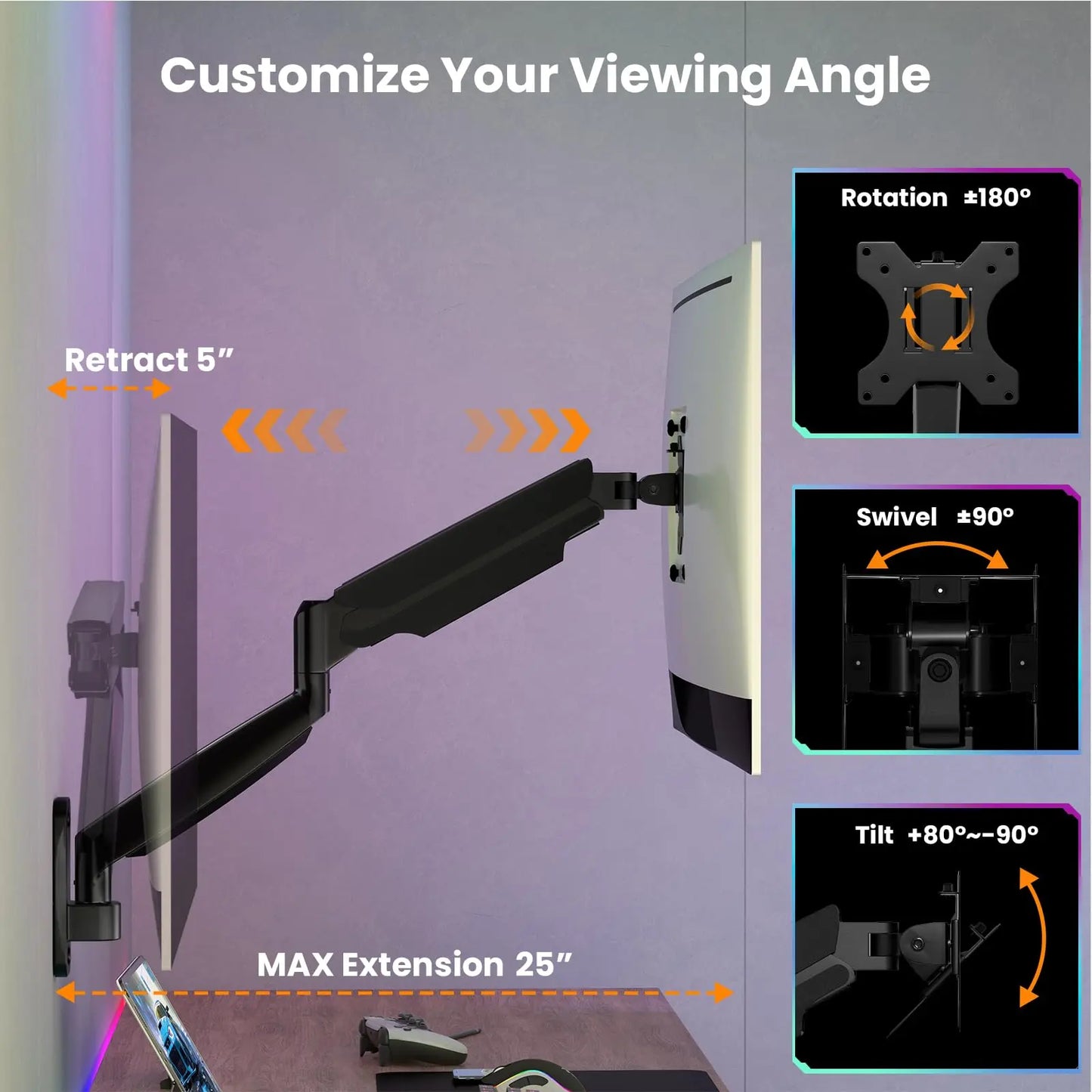 PUTORSEN Monitor Wall Mount for 17-45 Inch, VESA 75/100/200 mm, Up to 15 kg, Black, Articulating Arm, Height Adjustable PUTORSEN