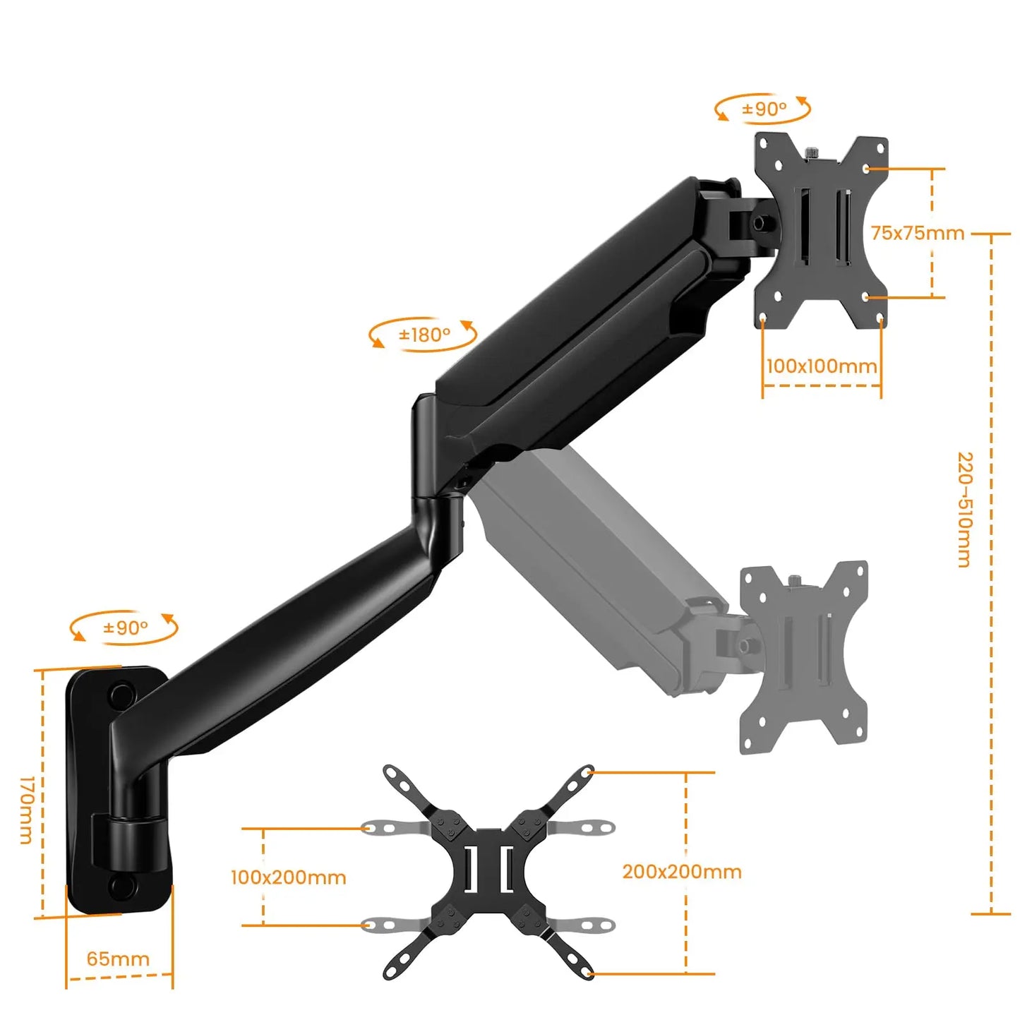 PUTORSEN Monitor Wall Mount for 17-45 Inch, VESA 75/100/200 mm, Up to 15 kg, Black, Articulating Arm, Height Adjustable PUTORSEN