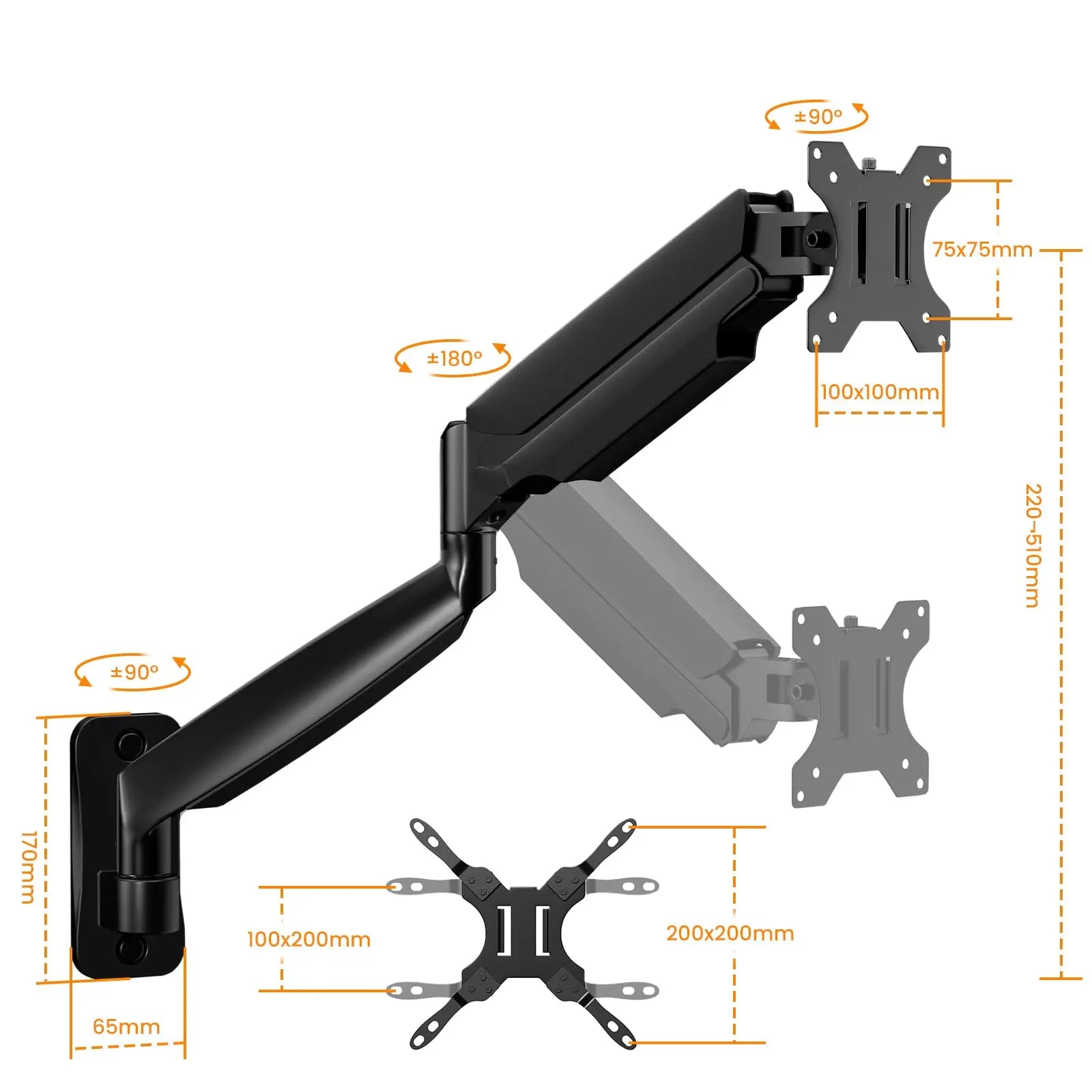 PUTORSEN Monitor Wall Mount for 17-45 Inch, VESA 75/100/200 mm, Up to 15 kg, Black, Articulating Arm, Height Adjustable PUTORSEN