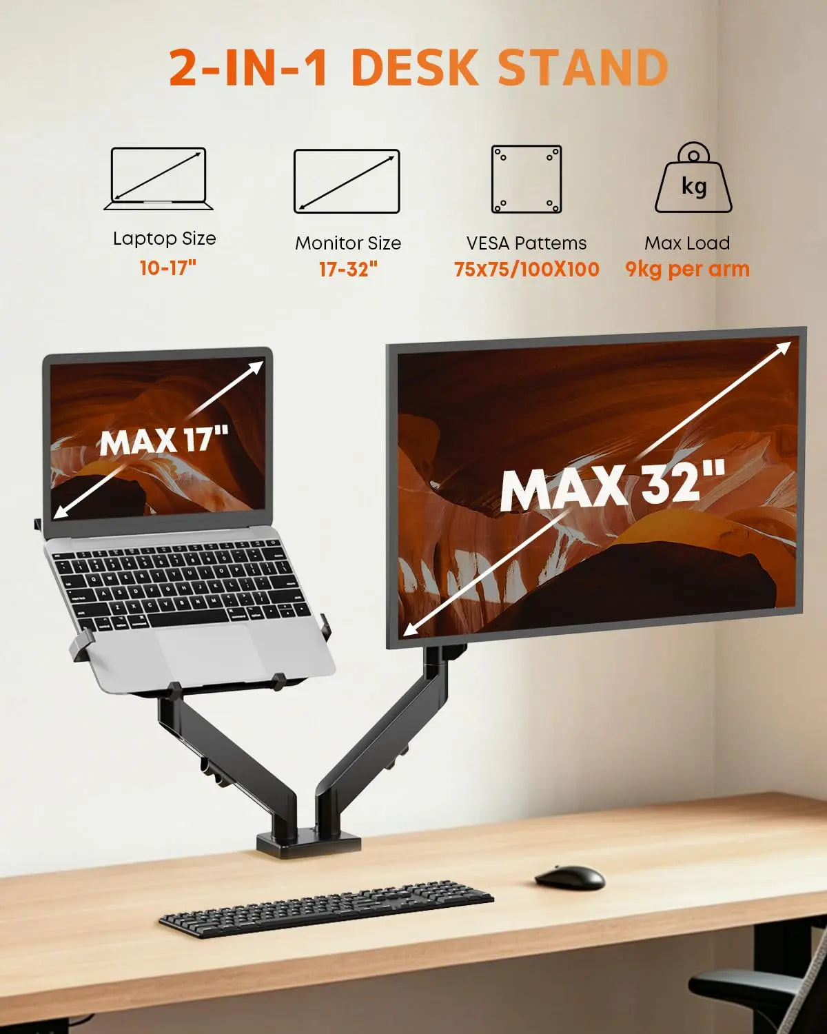 PUTORSEN Monitor and Laptop Arm for Max 32” Monitor and 17” Laptop, with Adjustable Laptop Tray, 19.8lbs per arm, VESA 75/100 mm PUTORSEN
