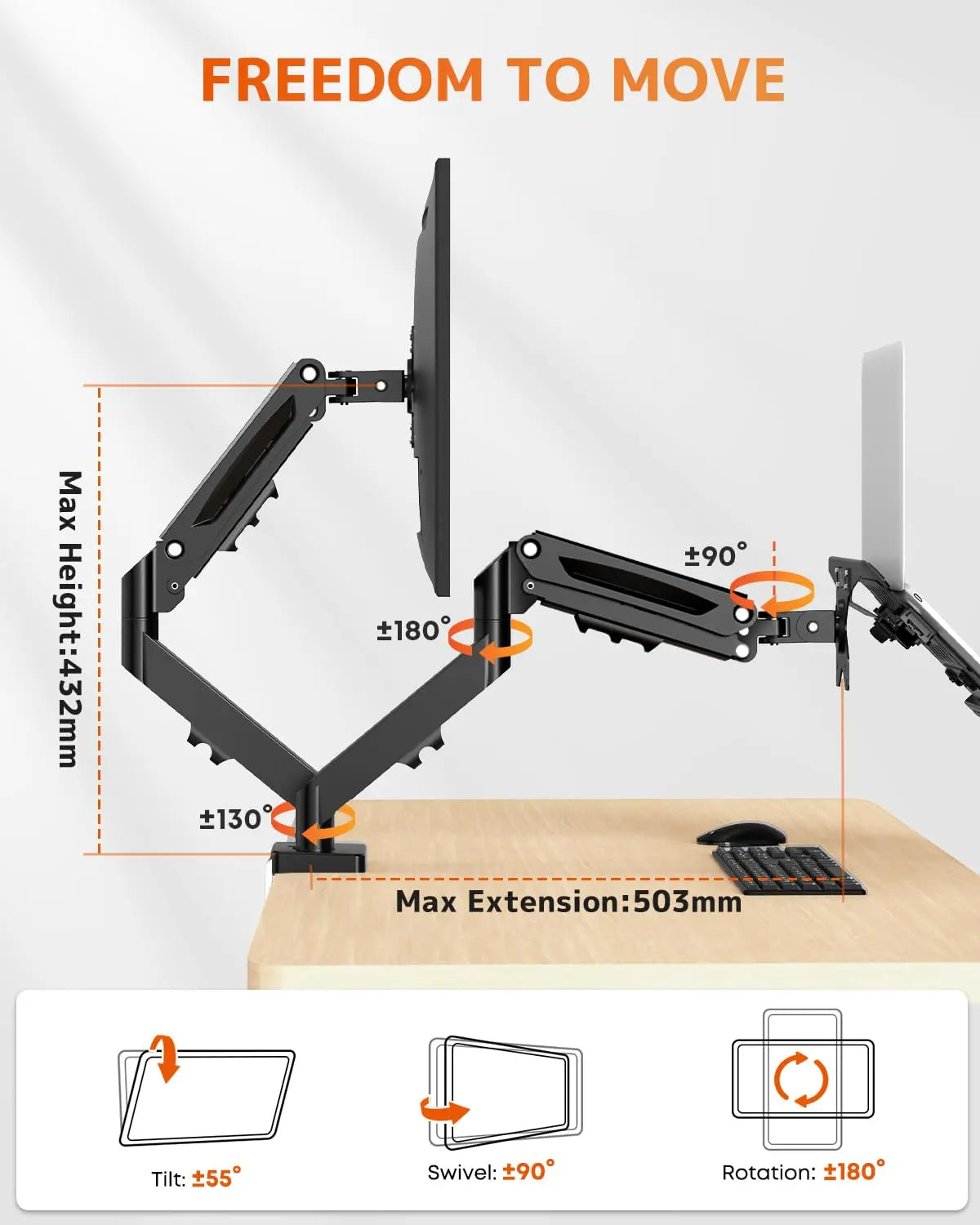 PUTORSEN Monitor and Laptop Arm for Max 32” Monitor and 17” Laptop, with Adjustable Laptop Tray, 19.8lbs per arm, VESA 75/100 mm PUTORSEN