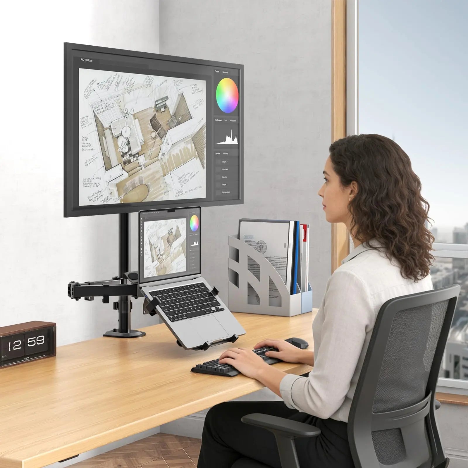 PUTORSEN Monitor and Laptop Mount Stand for Max 49” Screen and 18” Notebook, Fully Adjustable Monitor Arm with Vented Tray, Holds up to 44lbs PUTORSEN