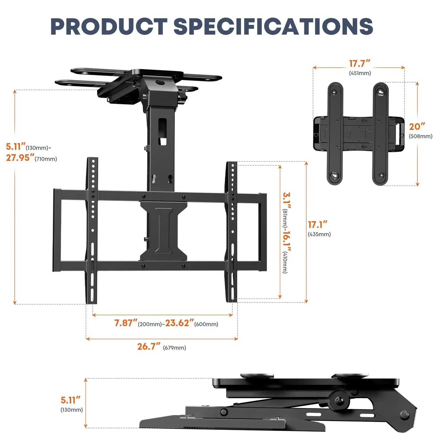 PUTORSEN Motorized Ceiling TV-Mount Flip Down - 37 to 75 Inch Electric TV-Mount Motorized Drop Down with Remote, Max Load 99 lbs, Max VESA 600x400 mm PUTORSEN