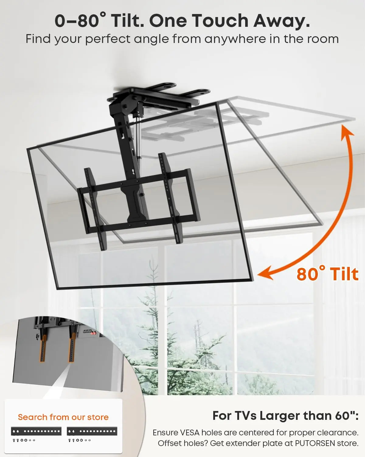 PUTORSEN Motorized Ceiling TV-Mount Flip Down - 43 to 86 Inch Electric TV-Mount Motorized Drop Down with Remote, Max Load 99 lbs PUTORSEN