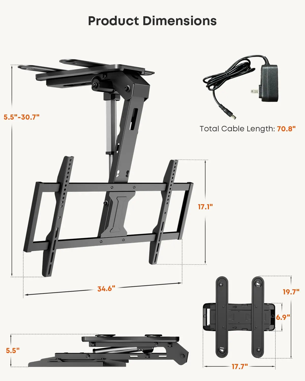 PUTORSEN Motorized Ceiling TV-Mount Flip Down - 43 to 86 Inch Electric TV-Mount Motorized Drop Down with Remote, Max Load 99 lbs PUTORSEN