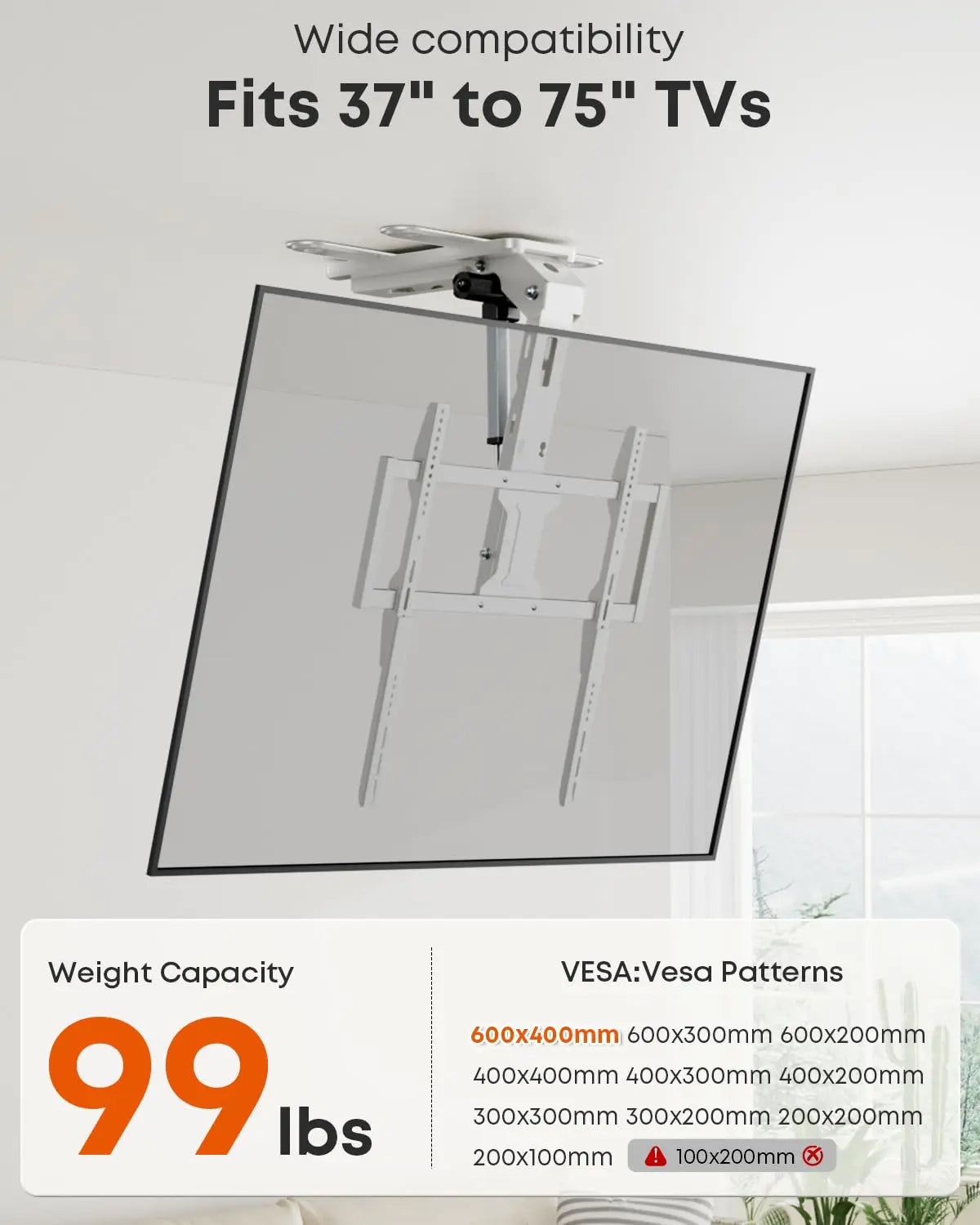 PUTORSEN Motorized Ceiling TV Mount with Remote for 37-75‘’ TVs, Include VESA Extender, Max VESA 600x400 mm, Max holds 99lbs PUTORSEN