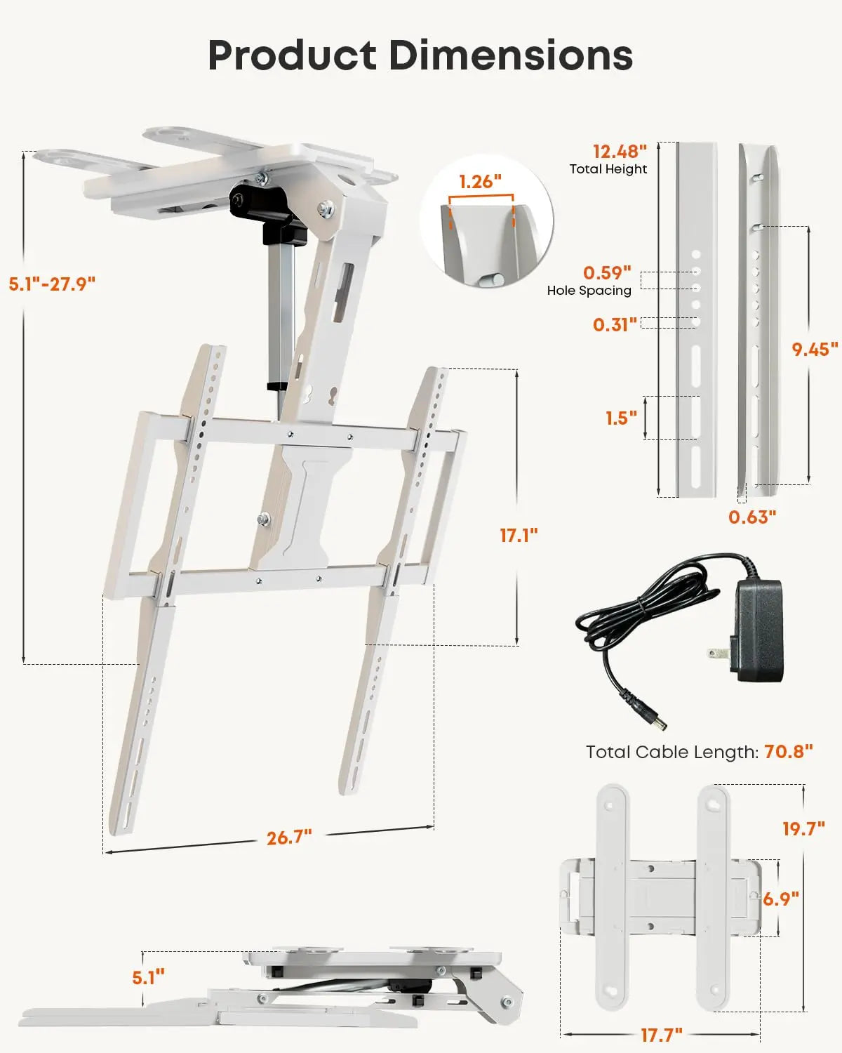 PUTORSEN Motorized Ceiling TV Mount with Remote for 37-75‘’ TVs, Include VESA Extender, Max VESA 600x400 mm, Max holds 99lbs PUTORSEN