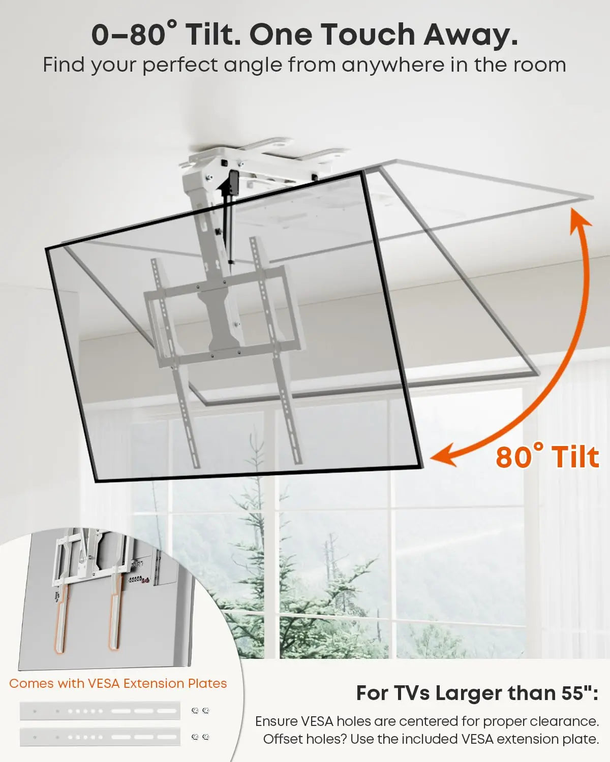 PUTORSEN Motorized Ceiling TV Mount with Remote for 37-75‘’ TVs, Include VESA Extender, Max VESA 600x400 mm, Max holds 99lbs PUTORSEN