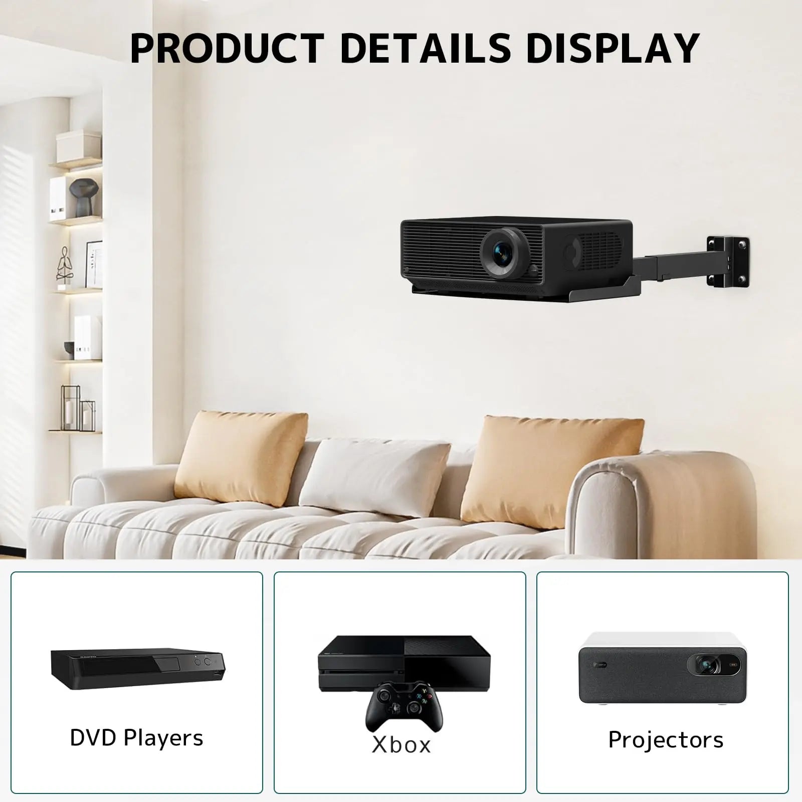 PUTORSEN Projector Ceiling Mount with Tray, Adjustable Height Universal Bracket with Concealed Cable Management, No Hole Installation, Holds up to 22 lbs – Ideal for Home Theater & Office (Black) PUTORSEN