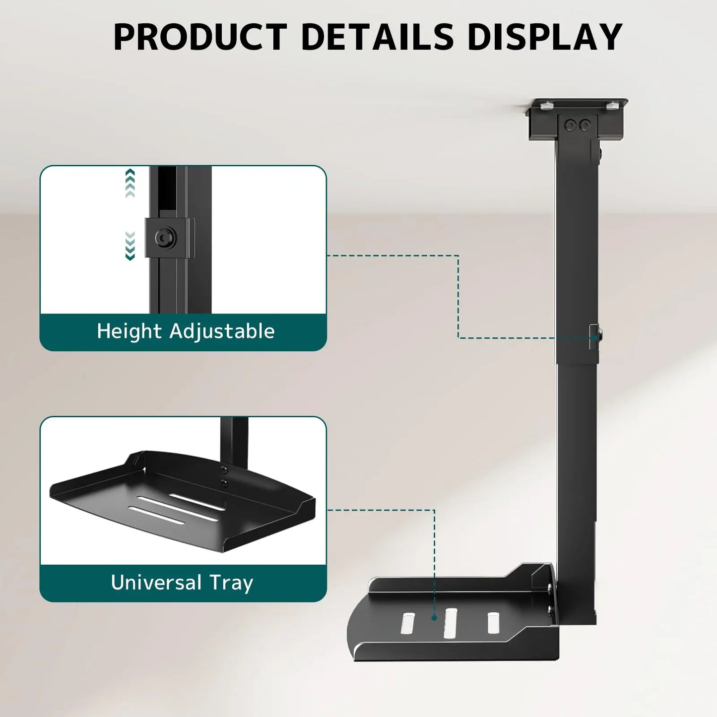 PUTORSEN Projector Ceiling Mount with Tray, Adjustable Height Universal Bracket with Concealed Cable Management, No Hole Installation, Holds up to 22 lbs – Ideal for Home Theater & Office (Black) PUTORSEN