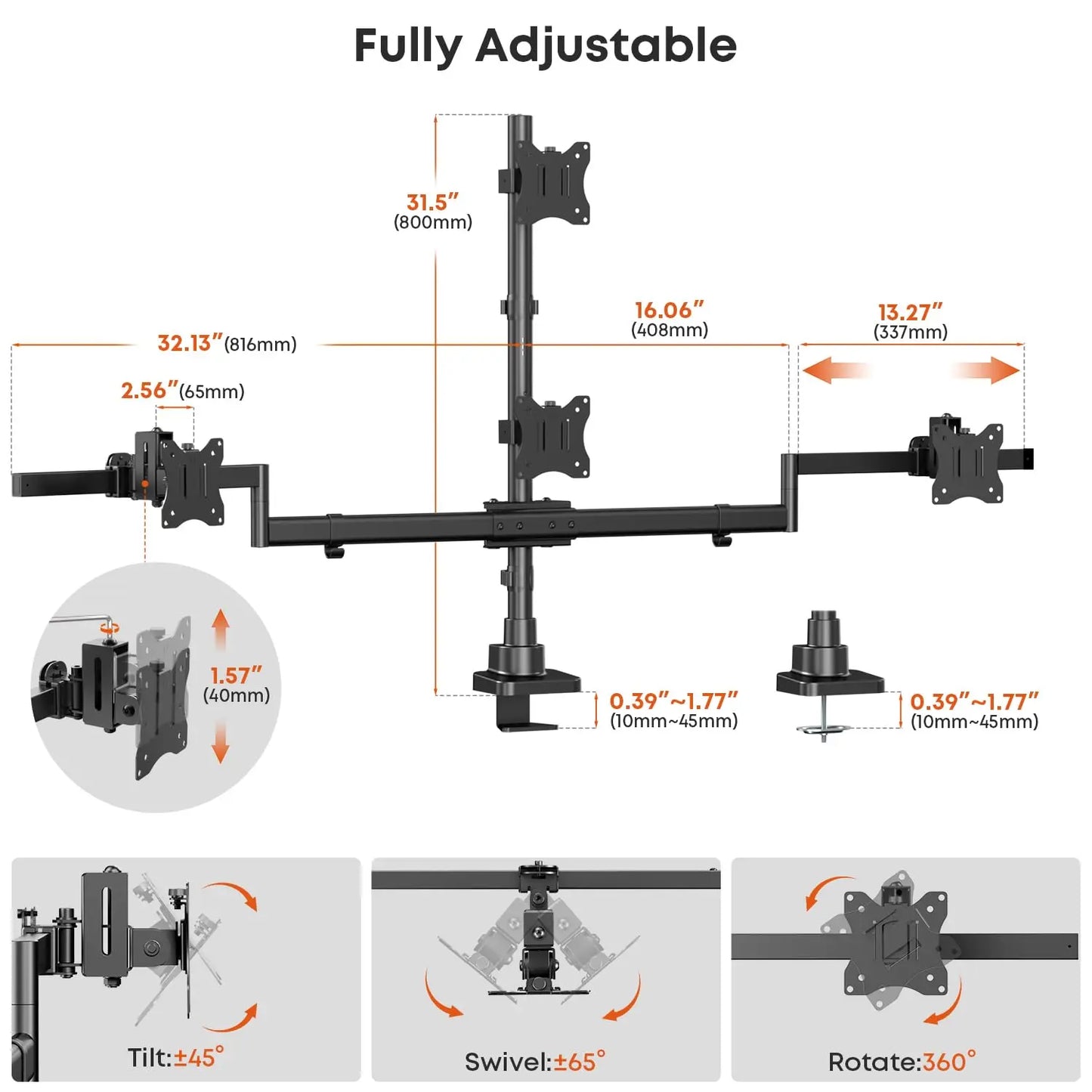 PUTORSEN Quad Monitor Mount for 17-32 Inches, Max Load 22lbs per Screen, Clamp/Grommet, VESA 75/100 mm, Black PUTORSEN