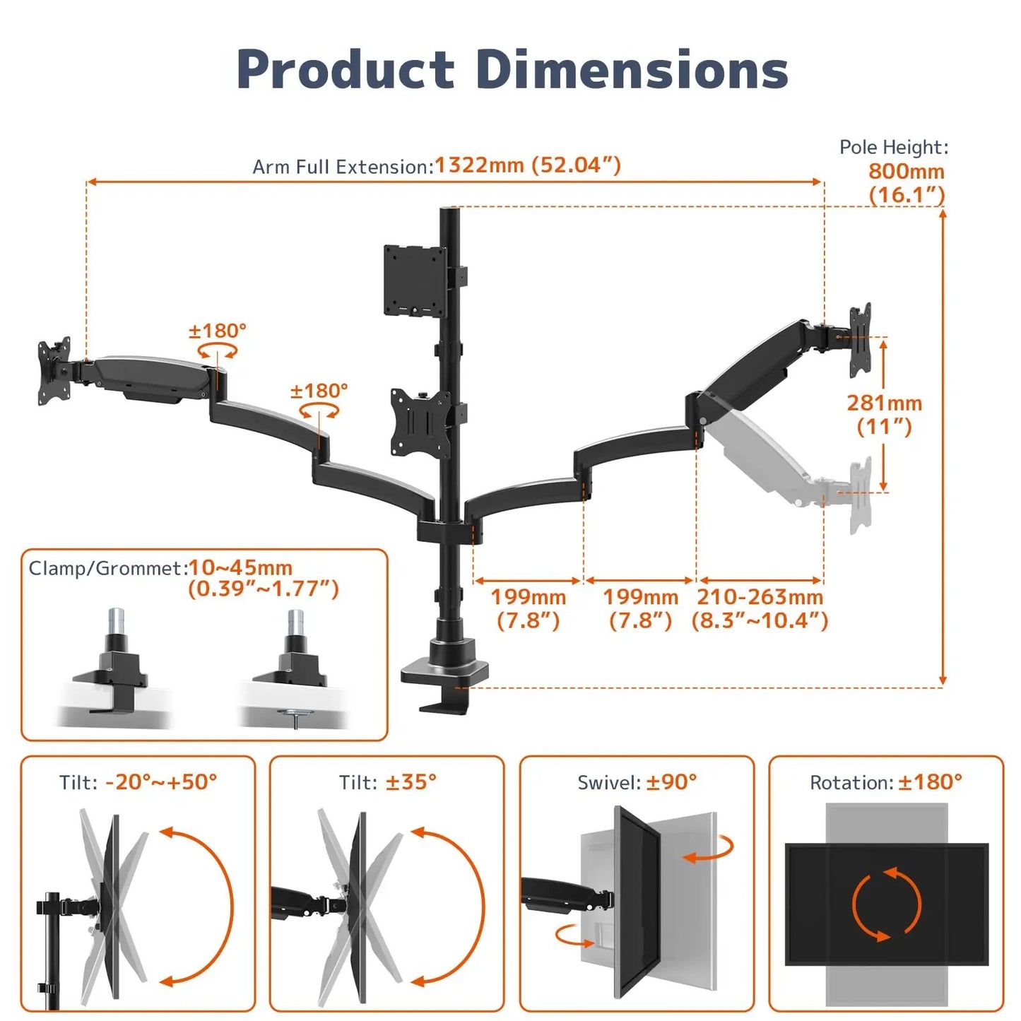 PUTORSEN Quad Monitor Mount for up to 49’’ Ultrawide on Top Bracket and 27’’ Screens on Lower Brackets, Holds up to 44lbs PUTORSEN