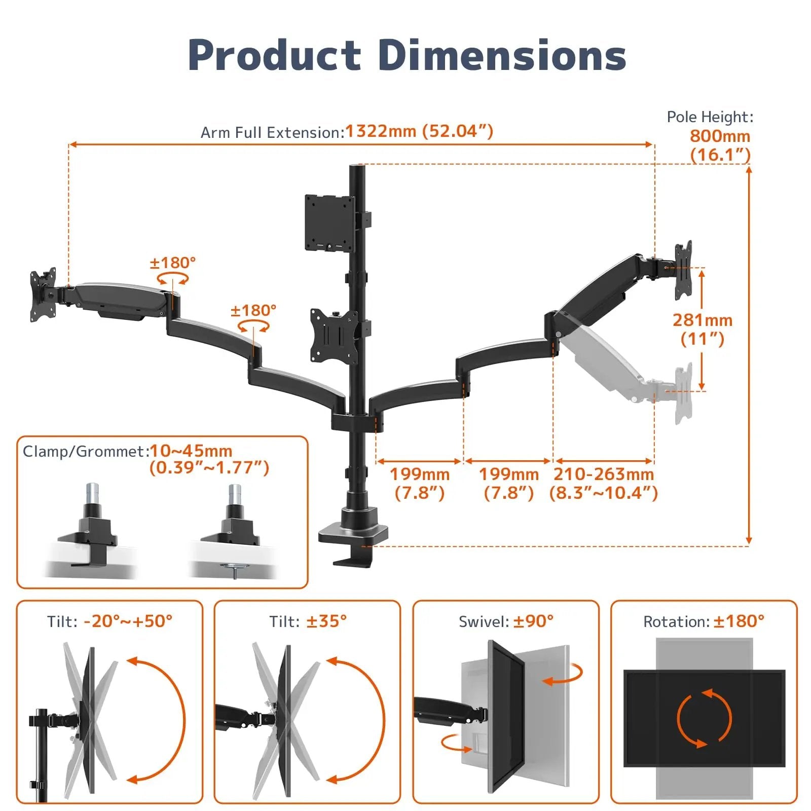 PUTORSEN Quad Monitor Mount for up to 49’’ Ultrawide on Top Bracket and 27’’ Screens on Lower Brackets, Holds up to 44lbs PUTORSEN