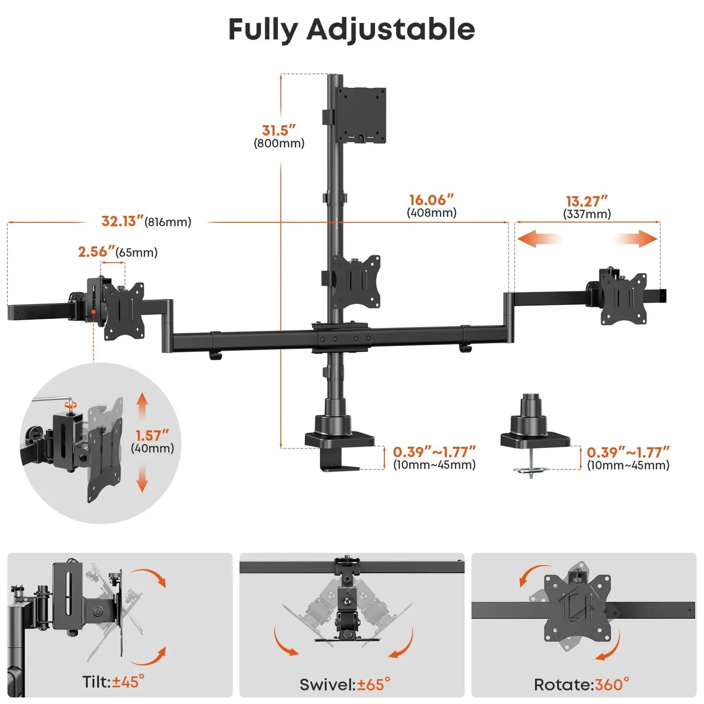 PUTORSEN Quad Monitor Mount for up to 49"+3x32, Space-Saving Sliding Design, Black PUTORSEN
