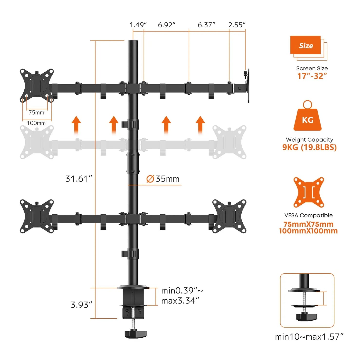 PUTORSEN Quad Monitor Stand, 4 Monitor Desk Mount for 17 to 32 Inch Screens, Heavy Duty Fully Adjustable Desk Arm with 31.7" Height, VESA 75/100 mm PUTORSEN
