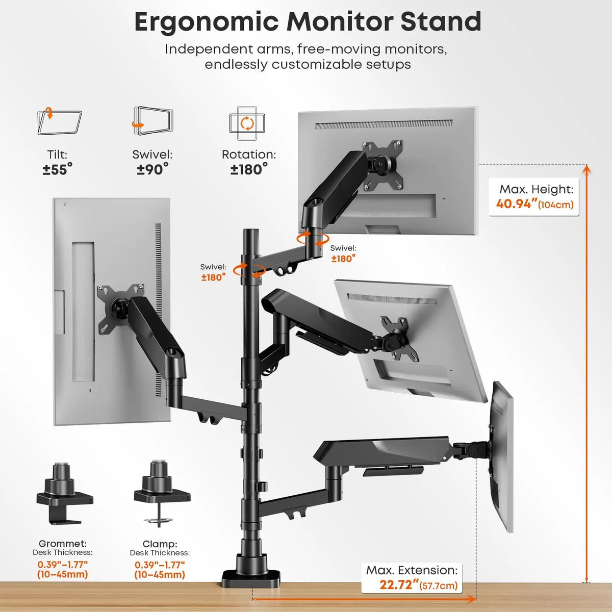 PUTORSEN Quad Monitor Stand, Gas Spring Monitor Mount for 17"–40" Screens, 4-Arm Stacked Monitor Stand with Full Adjustability, 35 lbs Max Load Per Arm, Tilt & Swivel, Black PUTORSEN