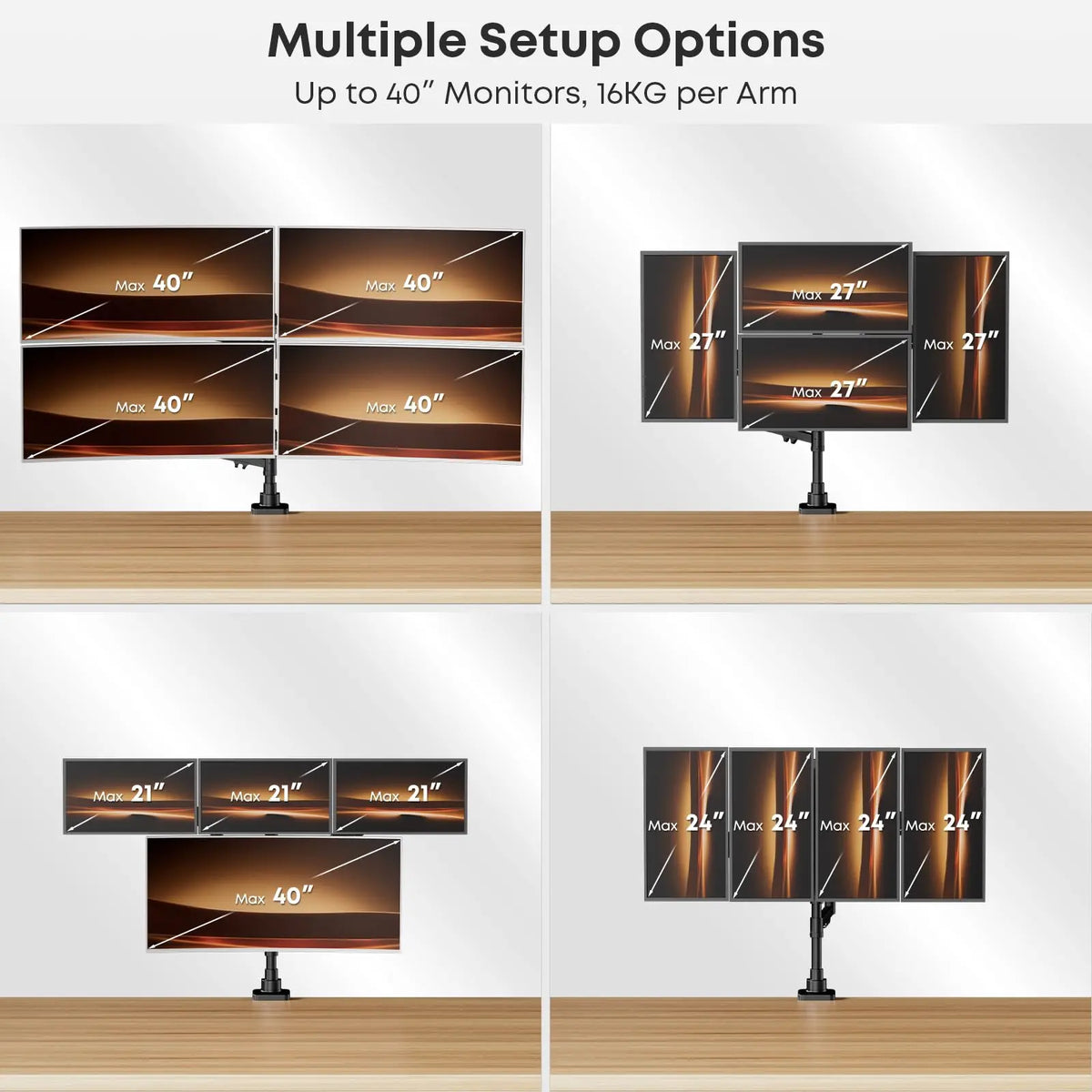 PUTORSEN Quad Monitor Stand, Gas Spring Monitor Mount for 17"–40" Screens, 4-Arm Stacked Monitor Stand with Full Adjustability, 35 lbs Max Load Per Arm, Tilt & Swivel, Black PUTORSEN